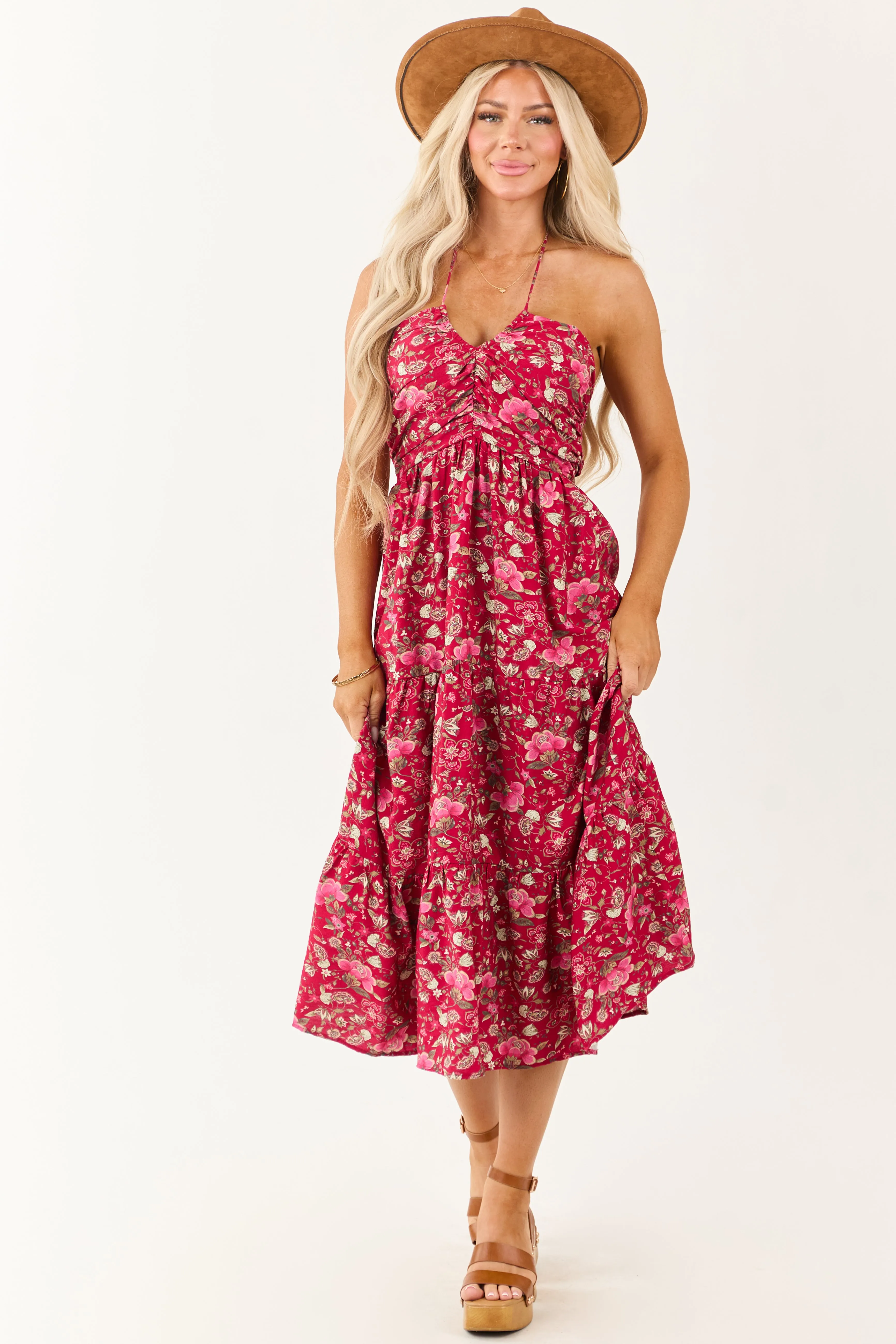 Hibiscus Floral Print Halter Tie Neck Midi Dress floral print