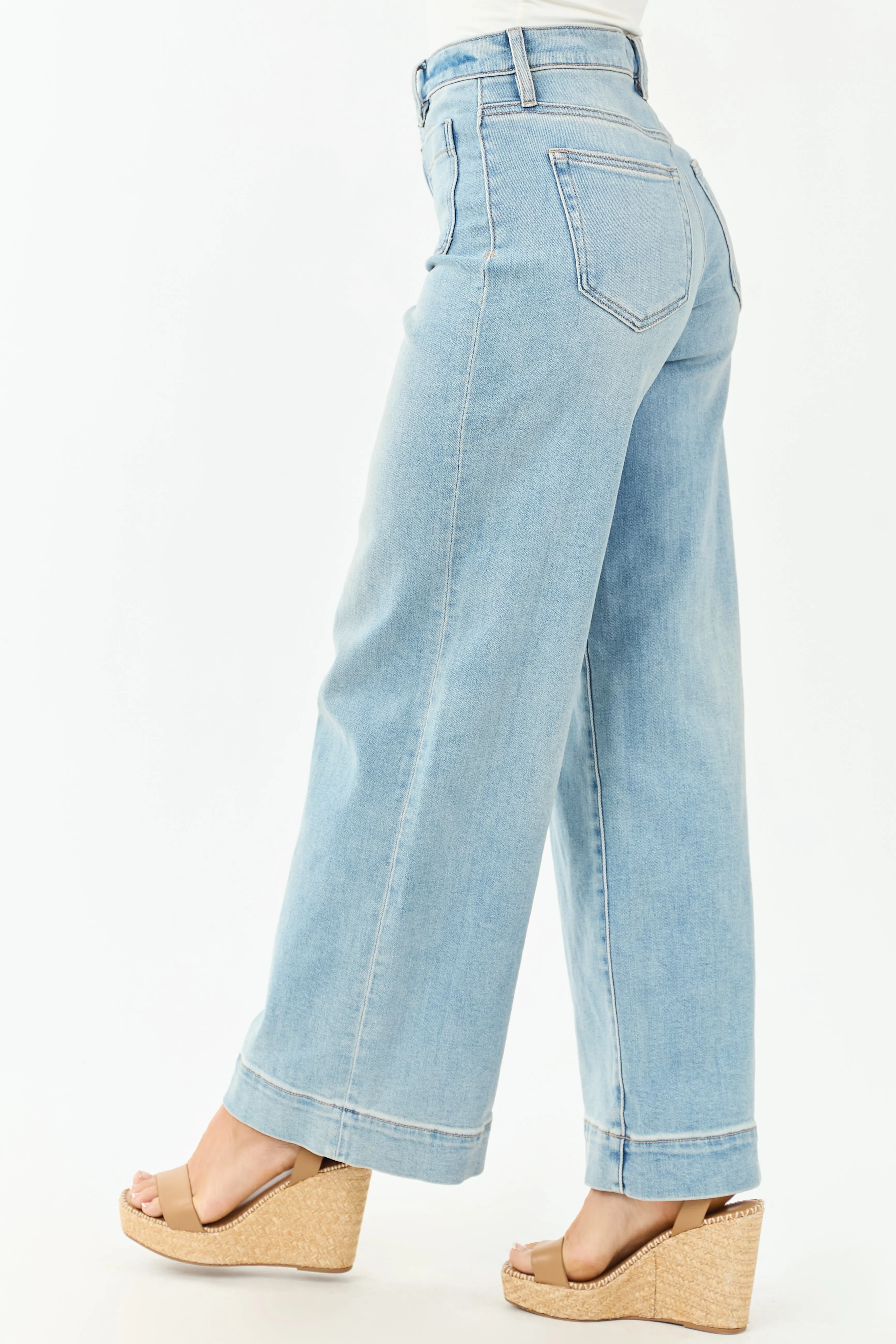 Hidden Light Wash Patch Pocket Stretchy Wide Leg Jeans camper wear