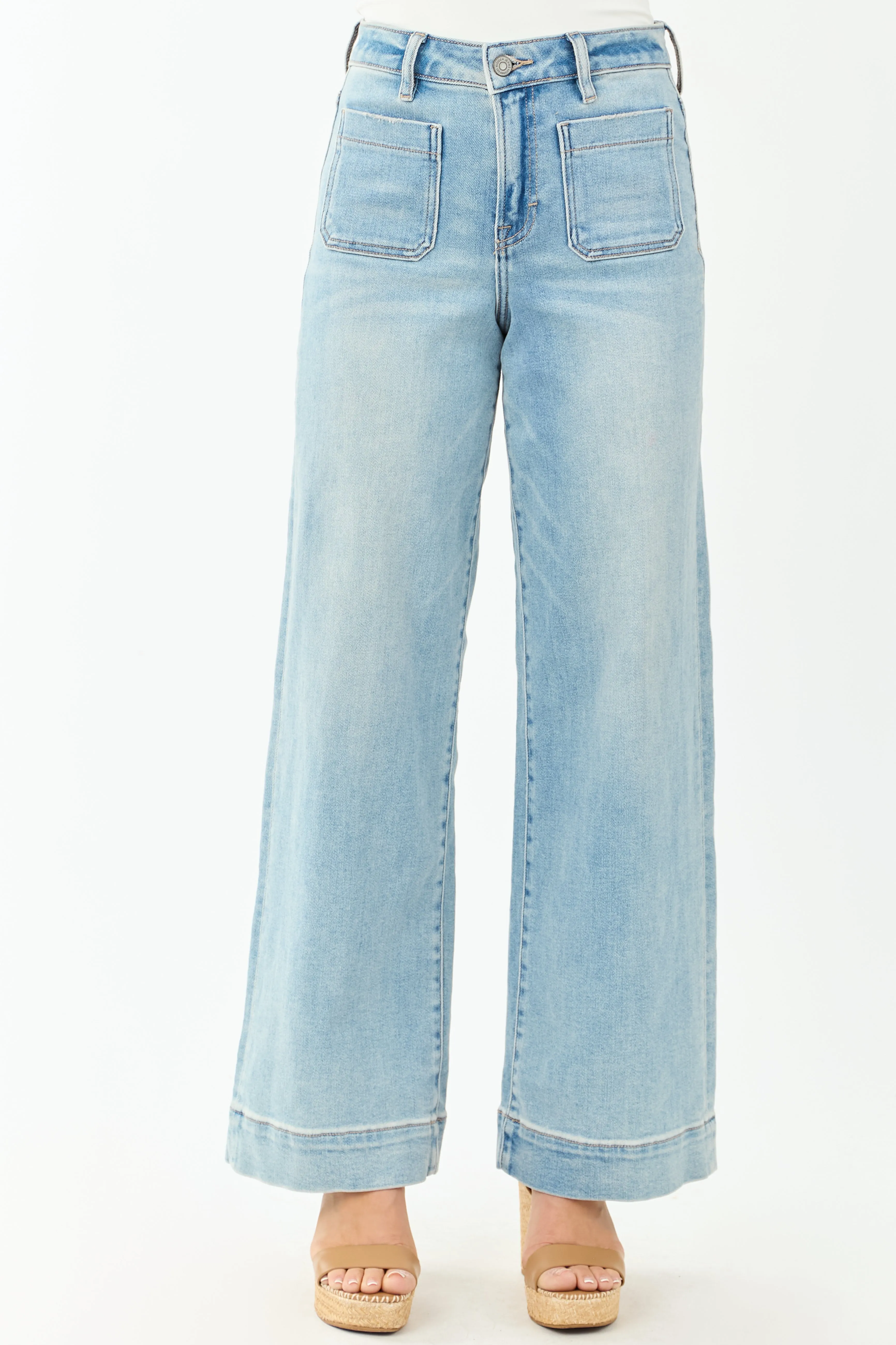 Hidden Light Wash Patch Pocket Stretchy Wide Leg Jeans camper wear