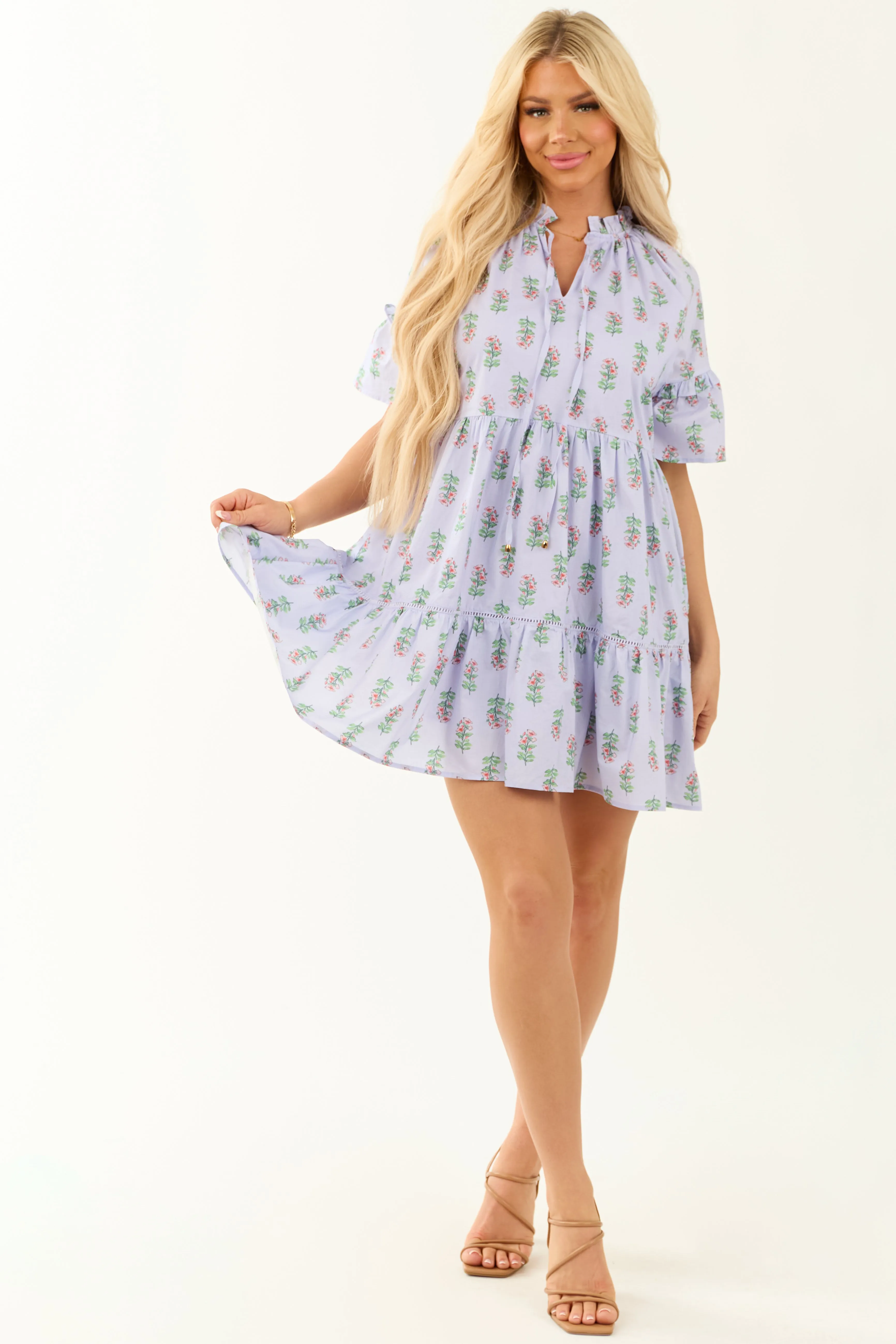 Iris Floral Print Ruffle Short Sleeve Mini Dress tailored fit