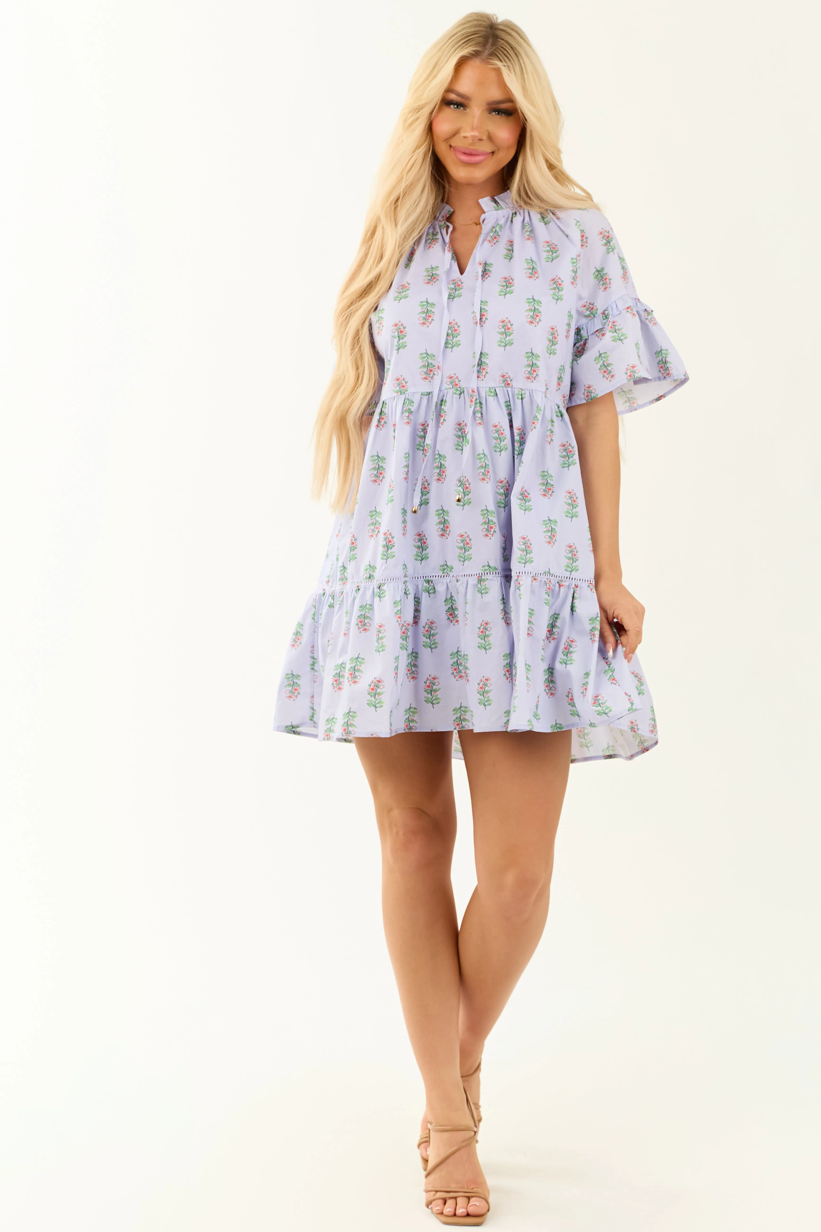 Iris Floral Print Ruffle Short Sleeve Mini Dress tailored fit