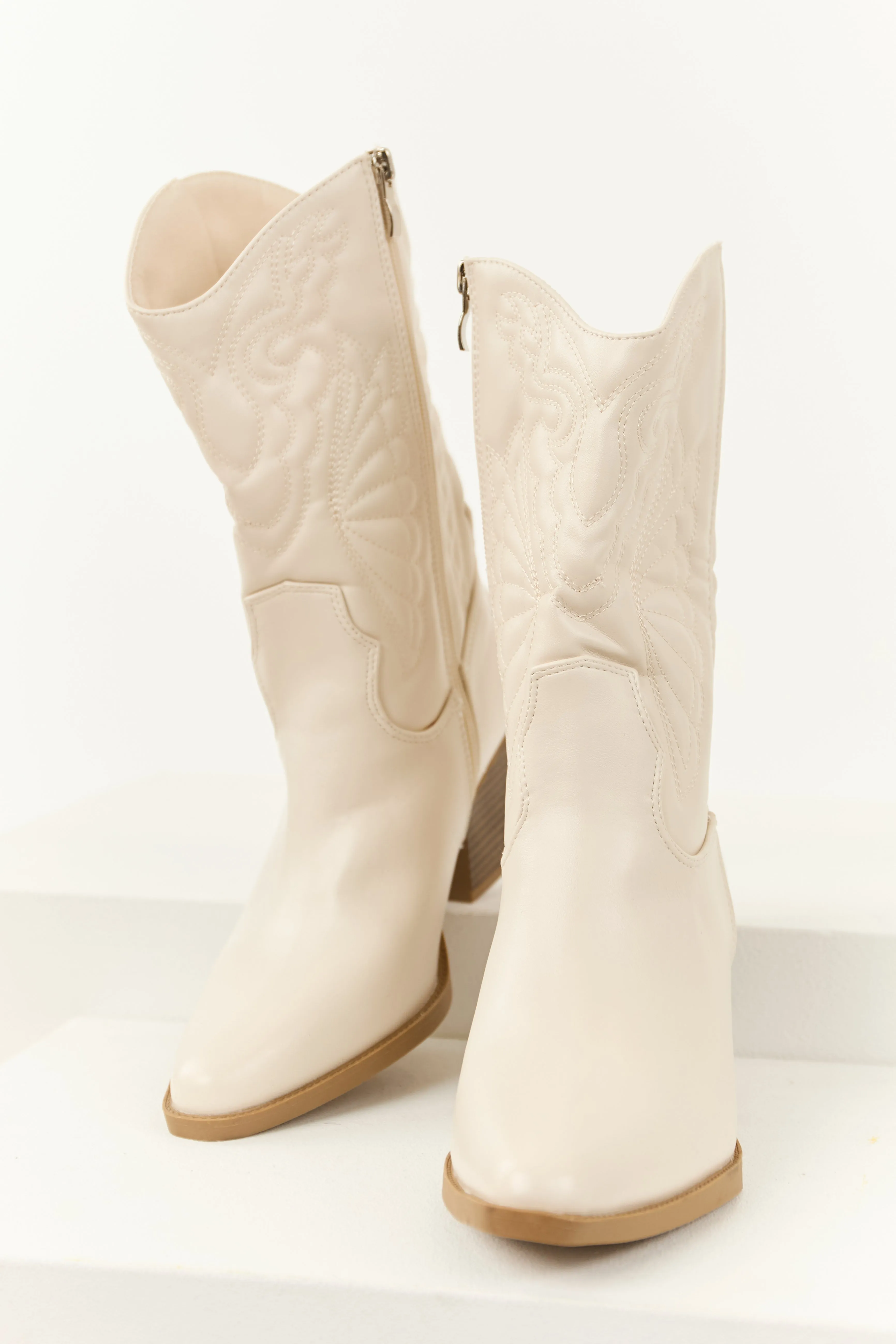 Ivory Faux Leather Block Heel Cowboy Boots frost bite