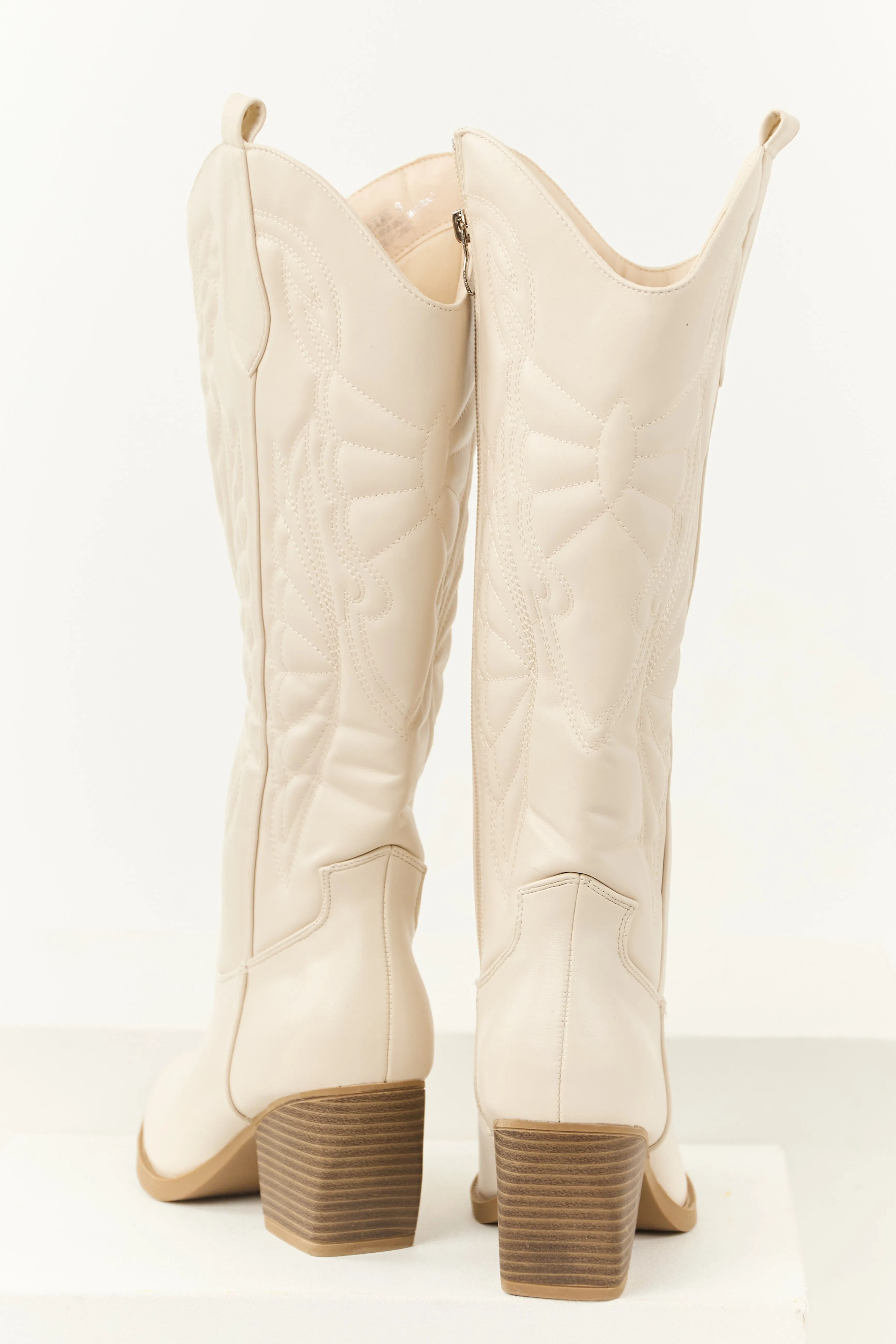 Ivory Faux Leather Tall Block Heel Cowboy Boots comfy move
