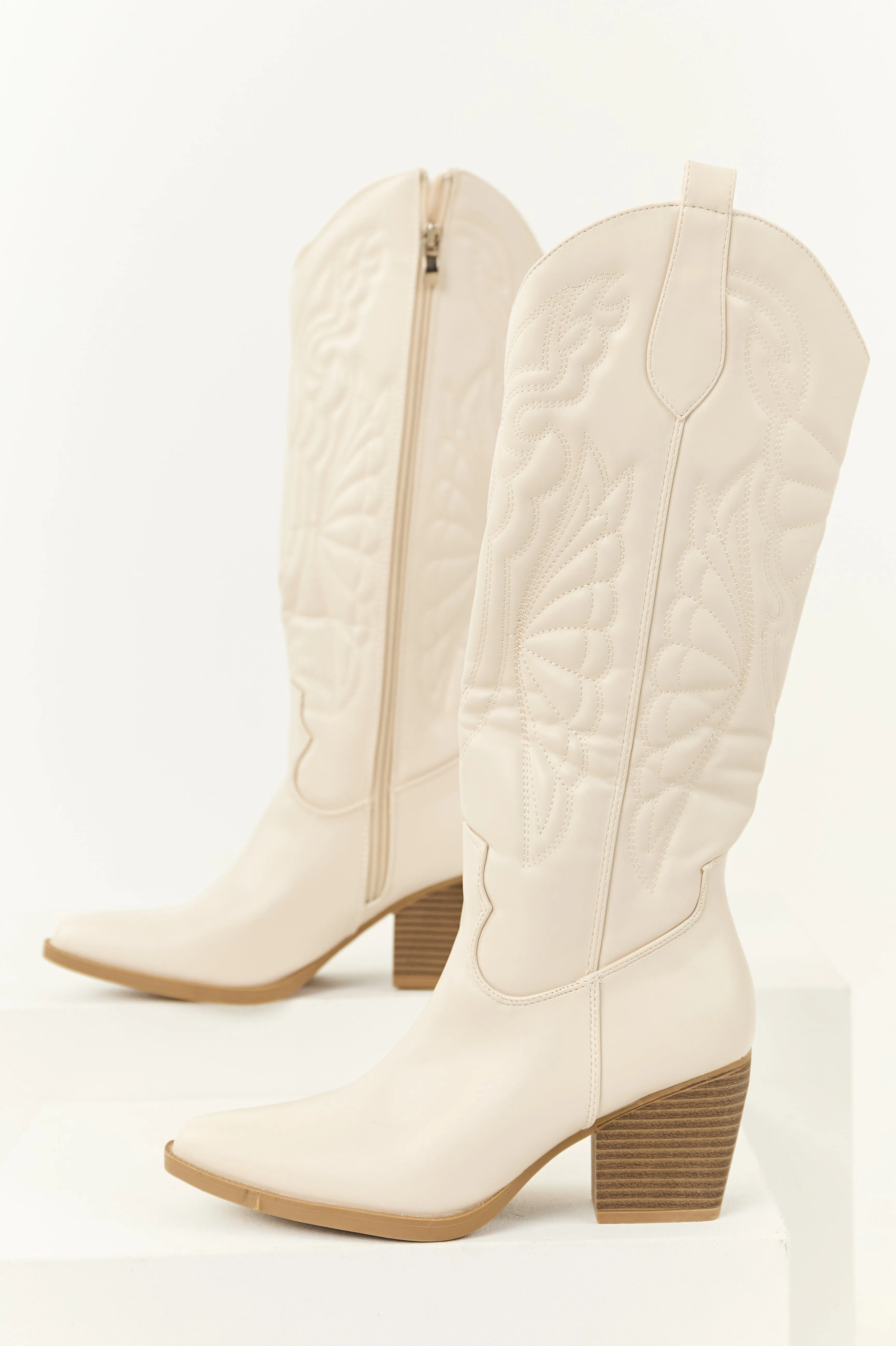 Ivory Faux Leather Tall Block Heel Cowboy Boots comfy move