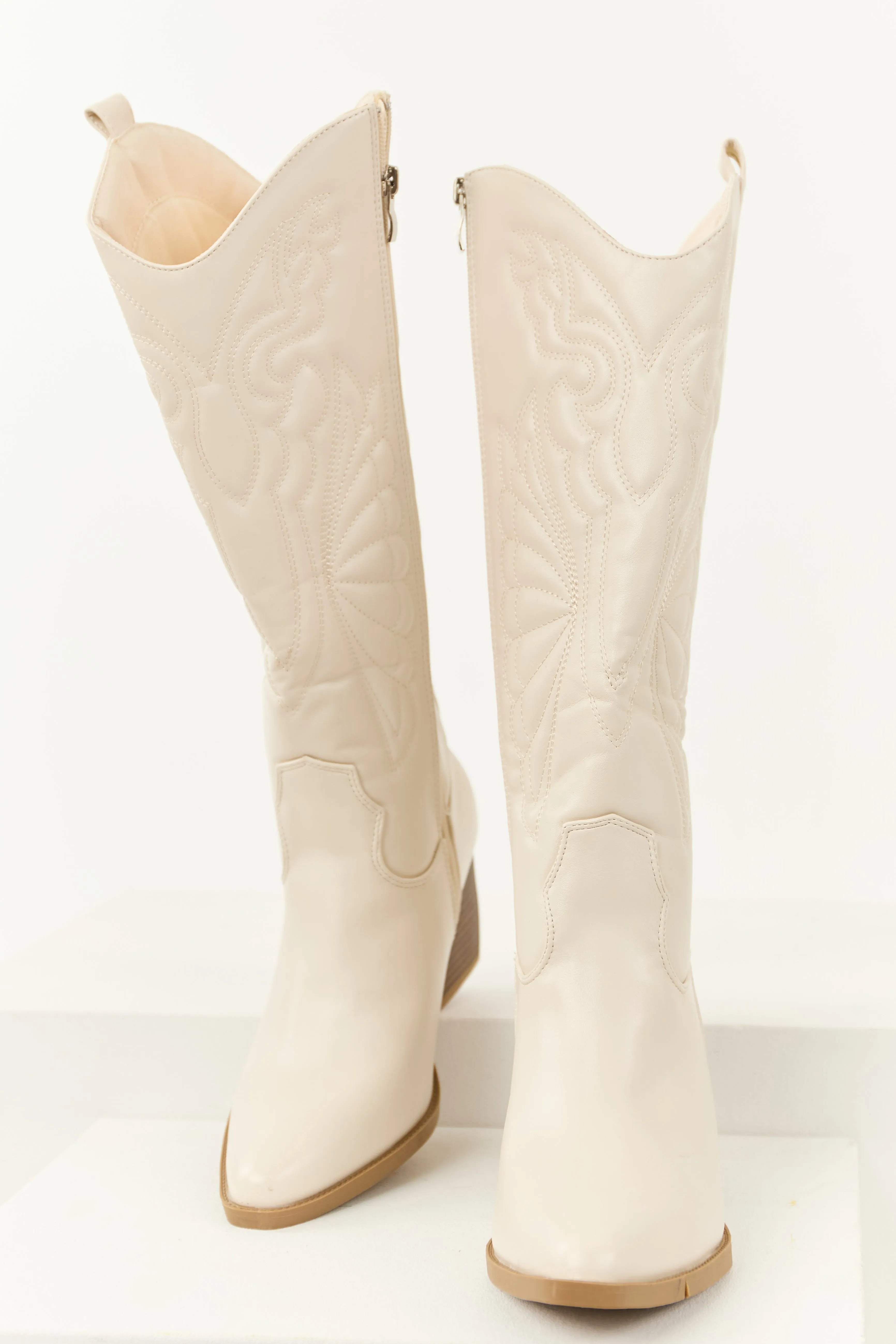 Ivory Faux Leather Tall Block Heel Cowboy Boots comfy move