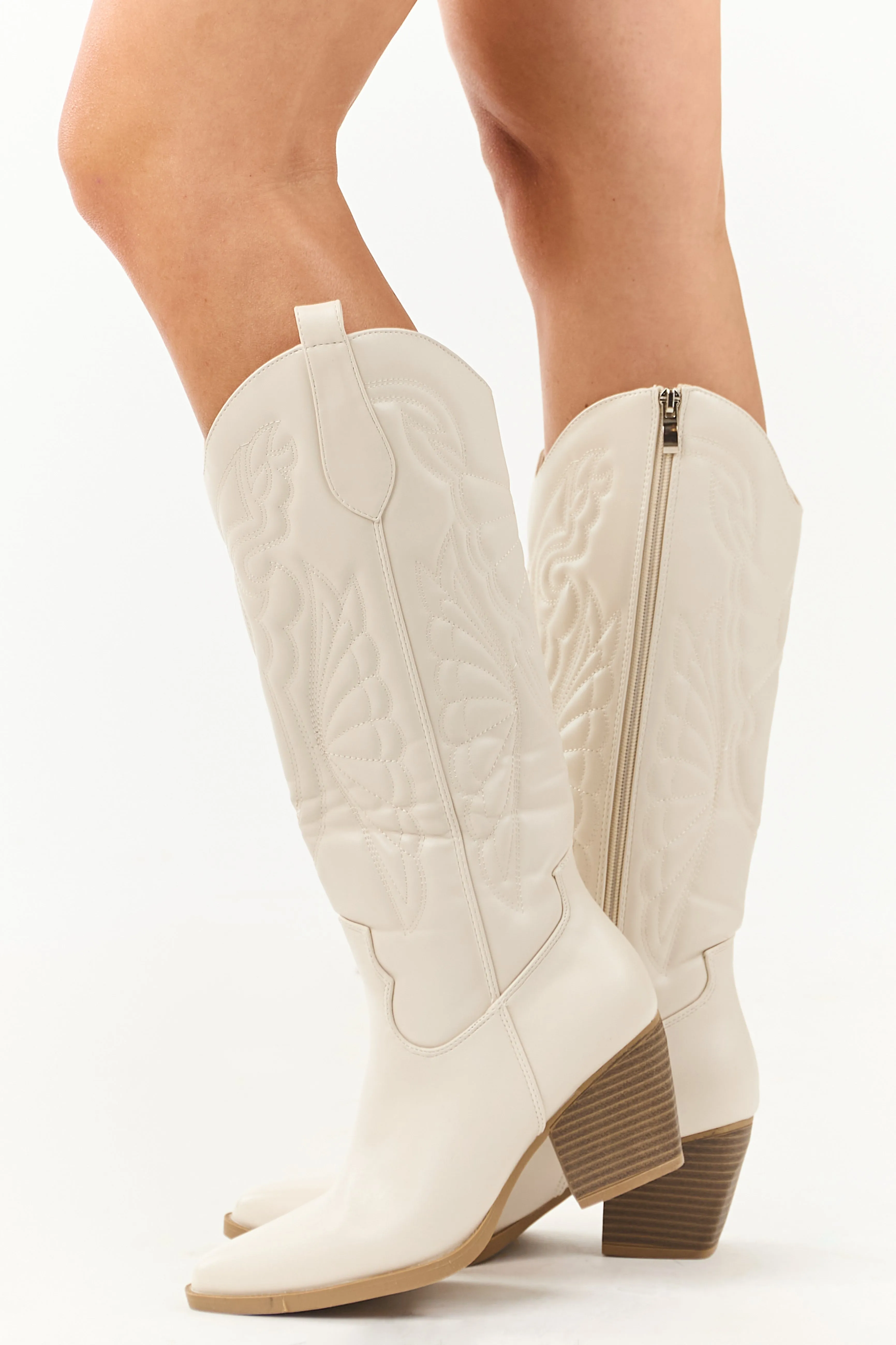 Ivory Faux Leather Tall Block Heel Cowboy Boots comfy move