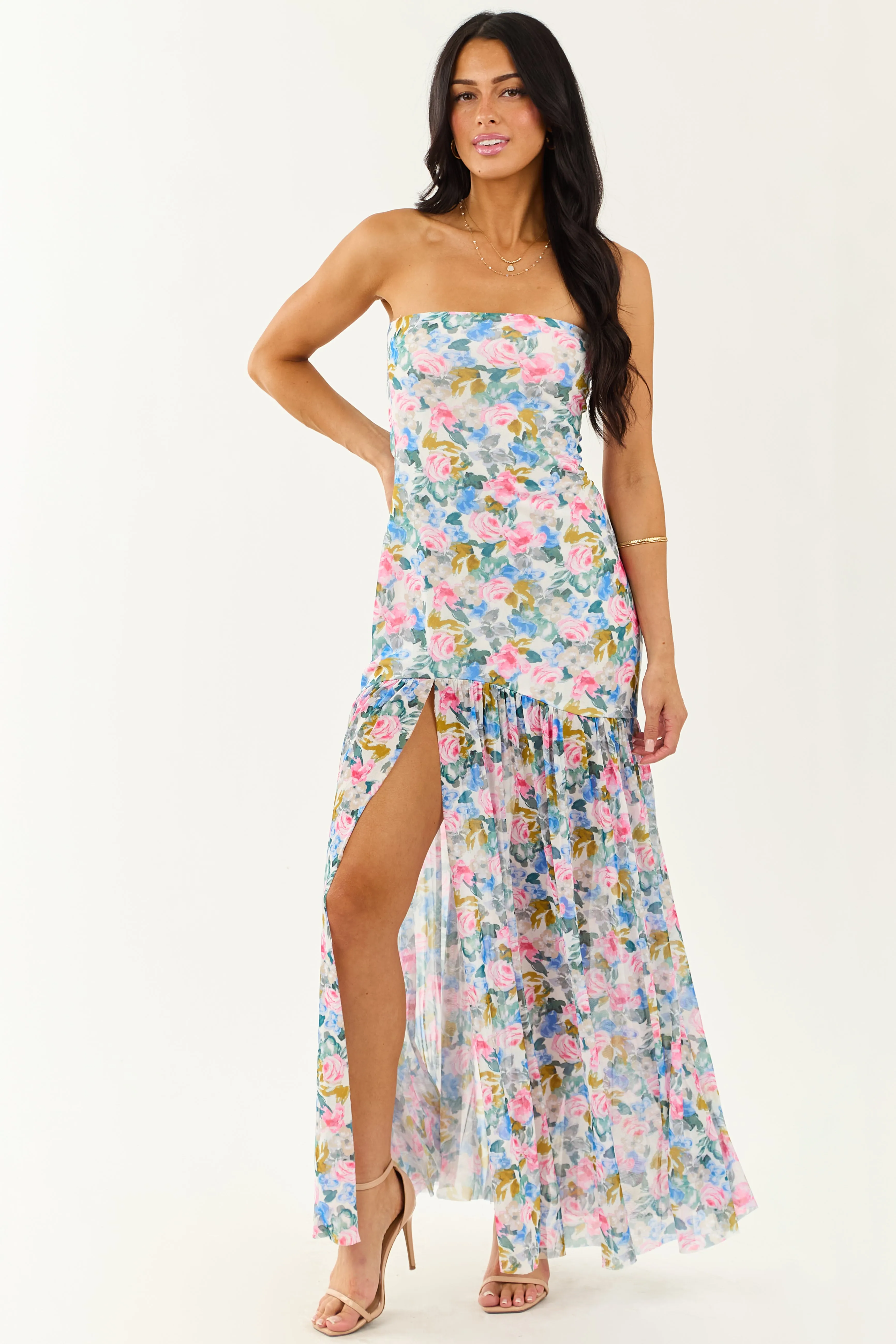 Ivory Floral Print Front Slit Mesh Maxi Dress open back