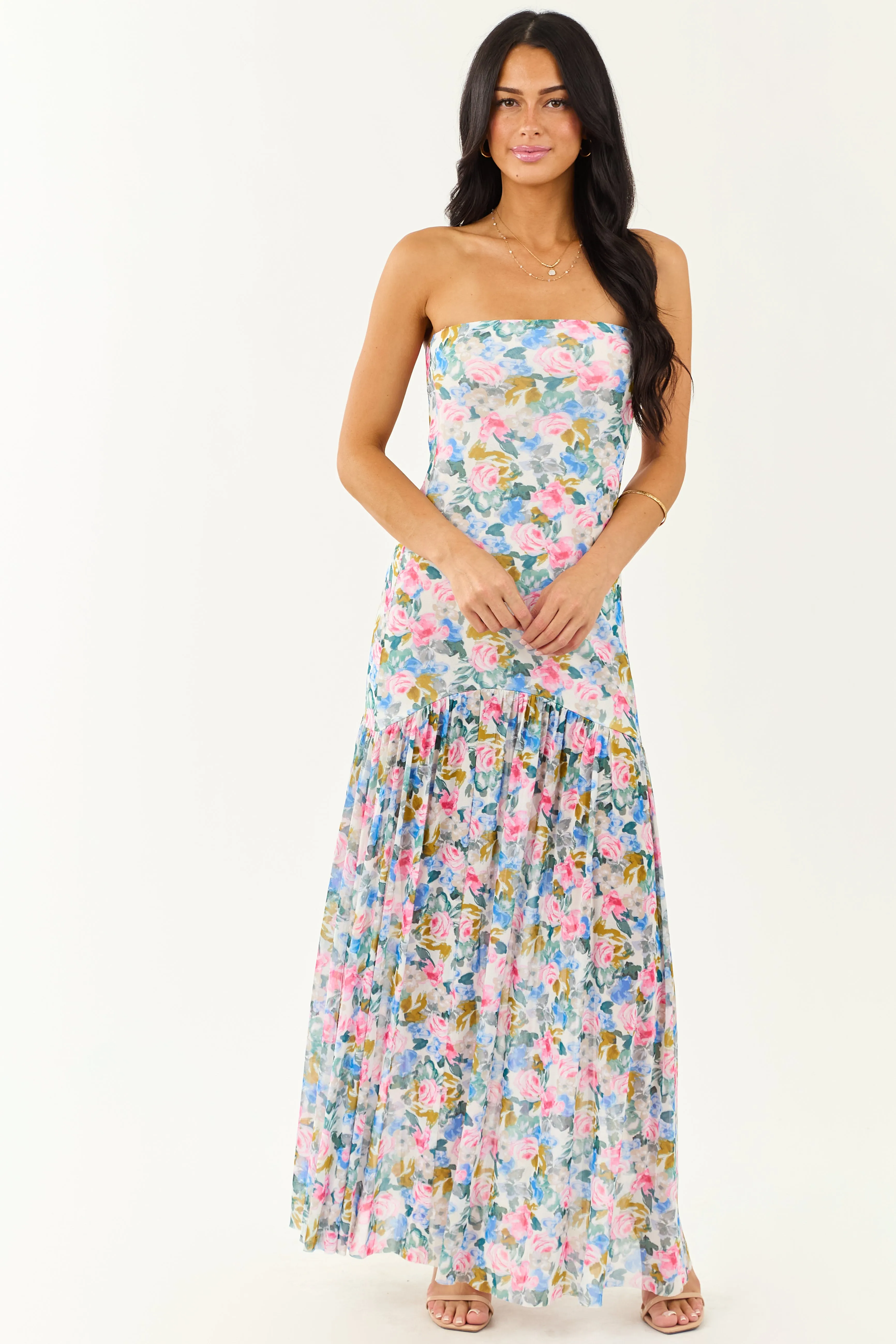 Ivory Floral Print Front Slit Mesh Maxi Dress open back
