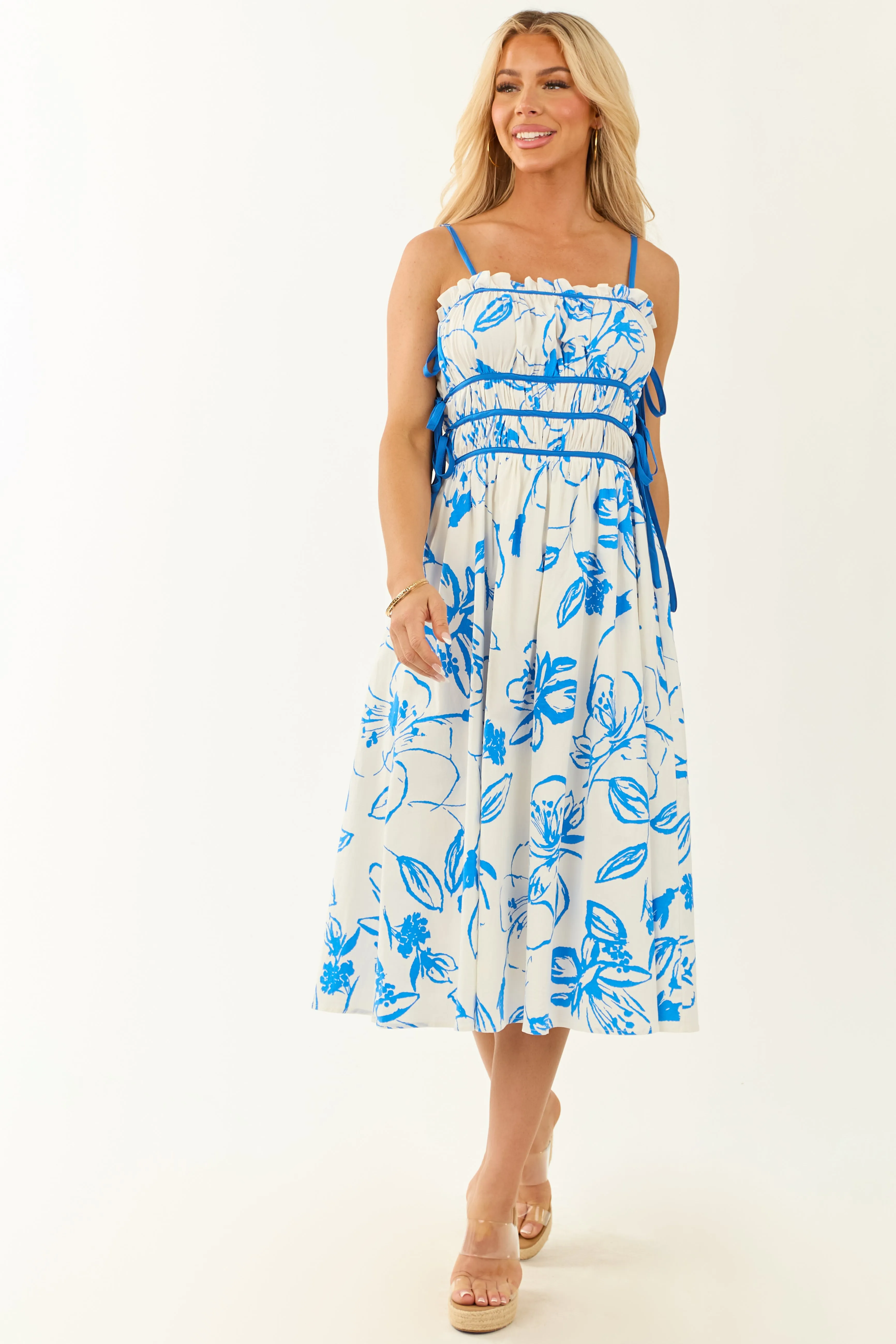 Ivory Floral Print Square Neck Sleeveless Midi Dress velvet dress