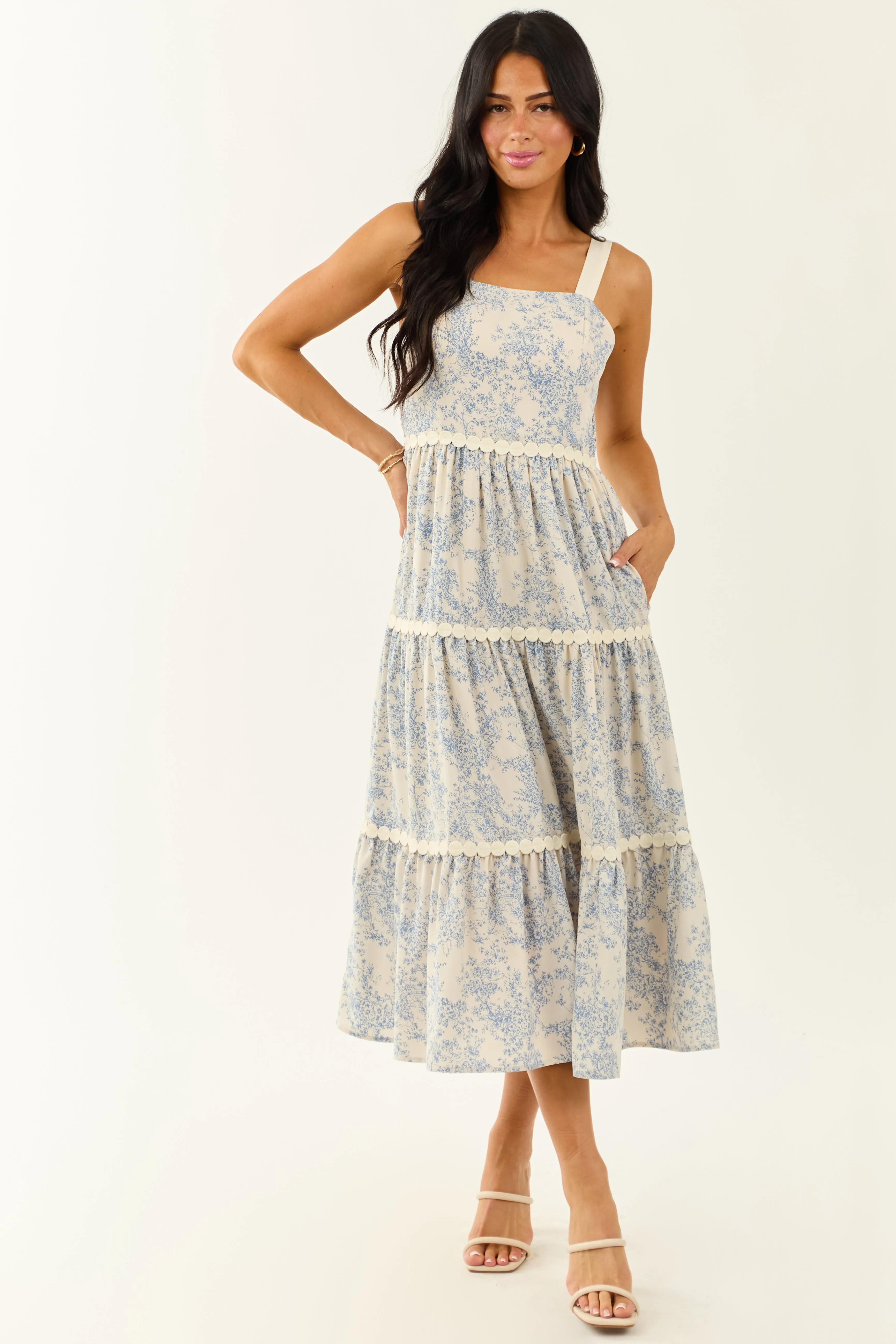 Ivory French Toile Print Sleeveless Tiered Midi Dress classic design