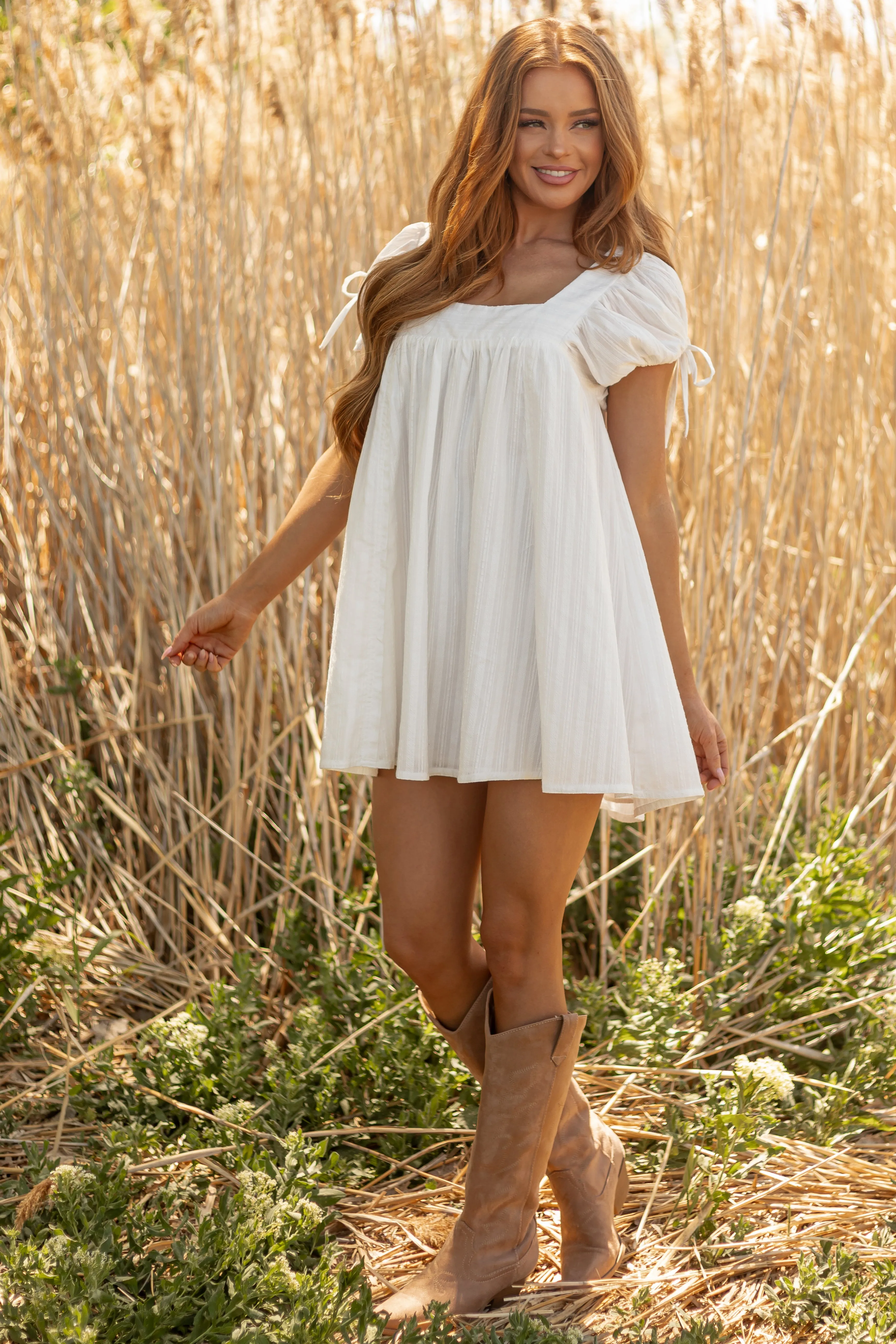 Ivory Short Puff Sleeve Flowy Cotton Mini Dress asymmetrical hem