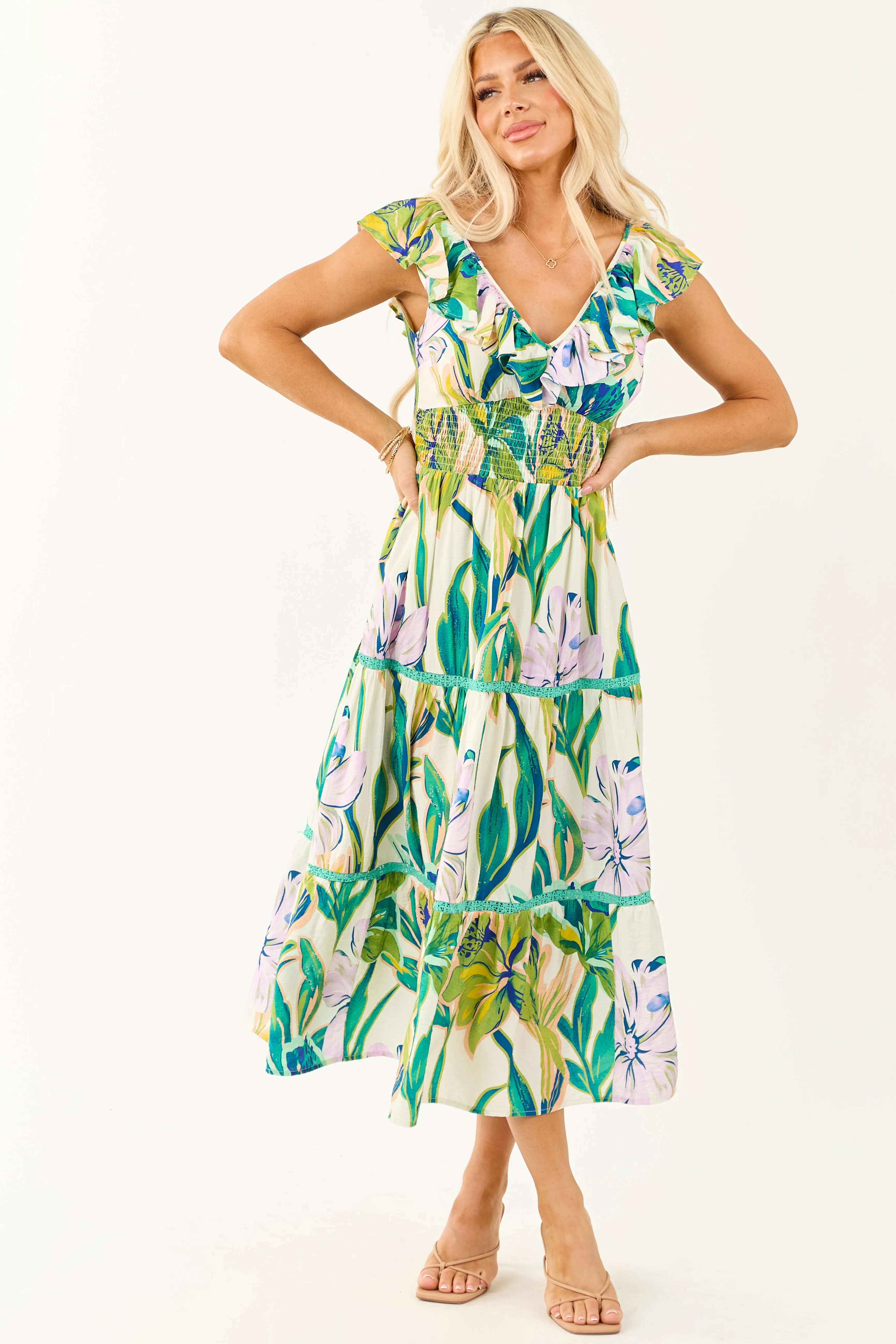 Ivory Tropical Print Smocked Lace Tiered Midi Dress ruffled dress