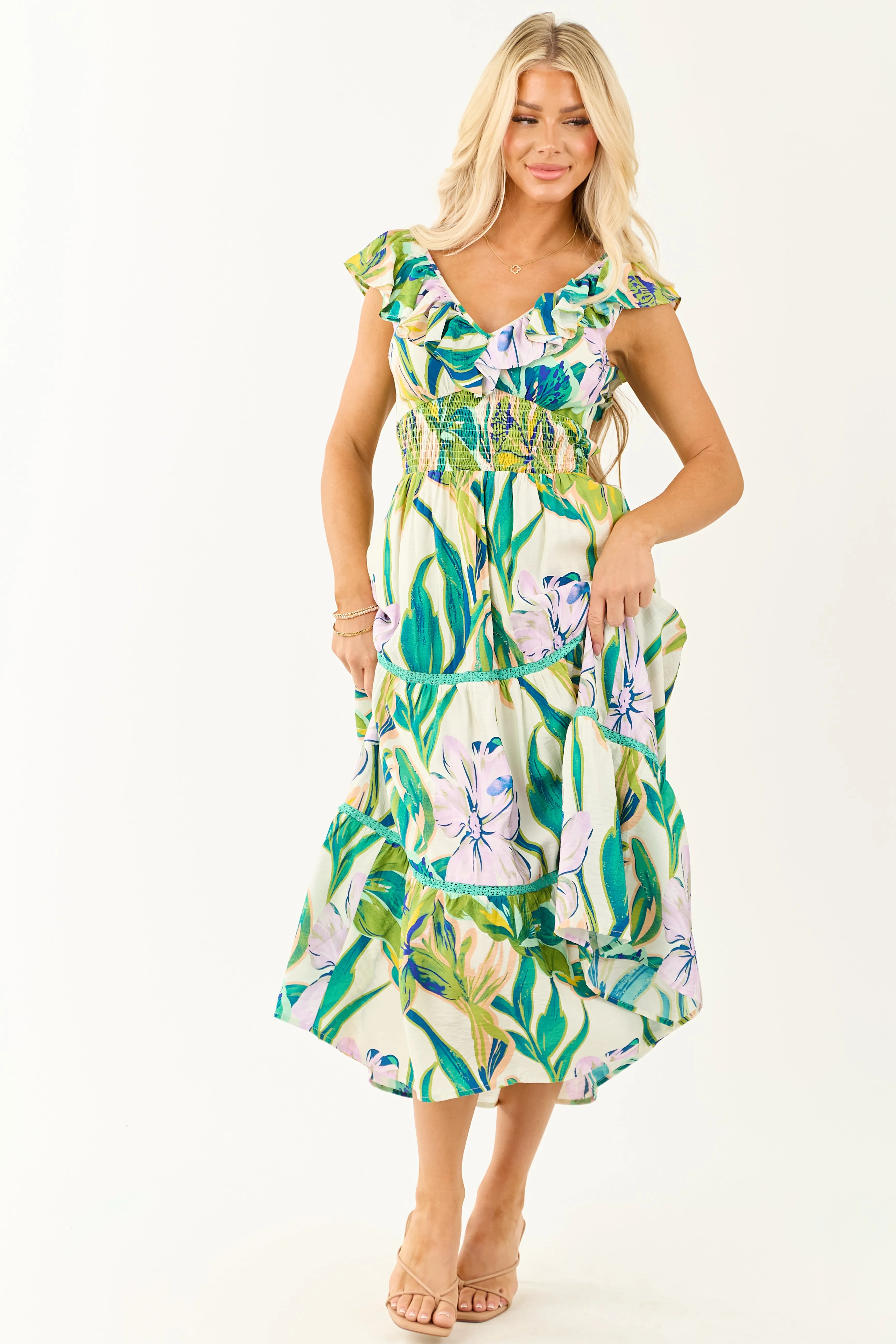 Ivory Tropical Print Smocked Lace Tiered Midi Dress ruffled dress