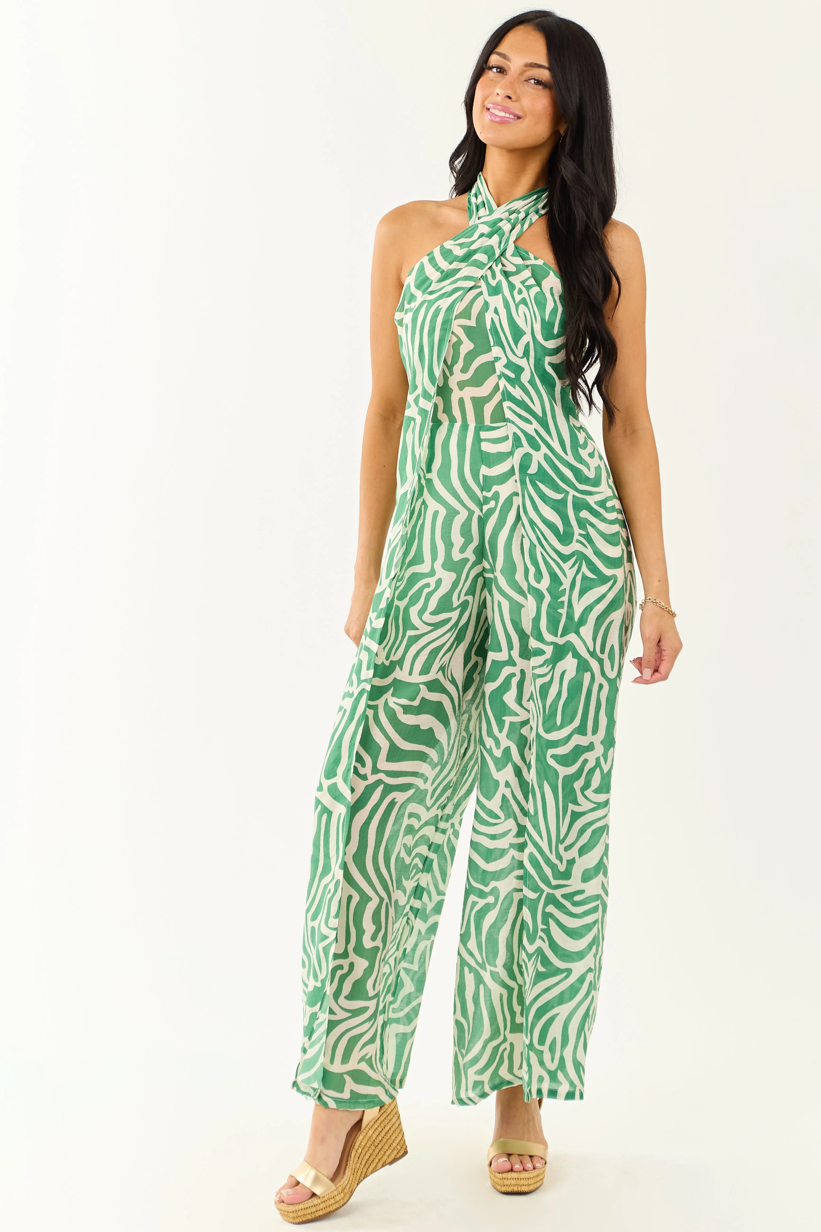 Jade Abstract Convertible Halter Wide Leg Jumpsuit evening gown