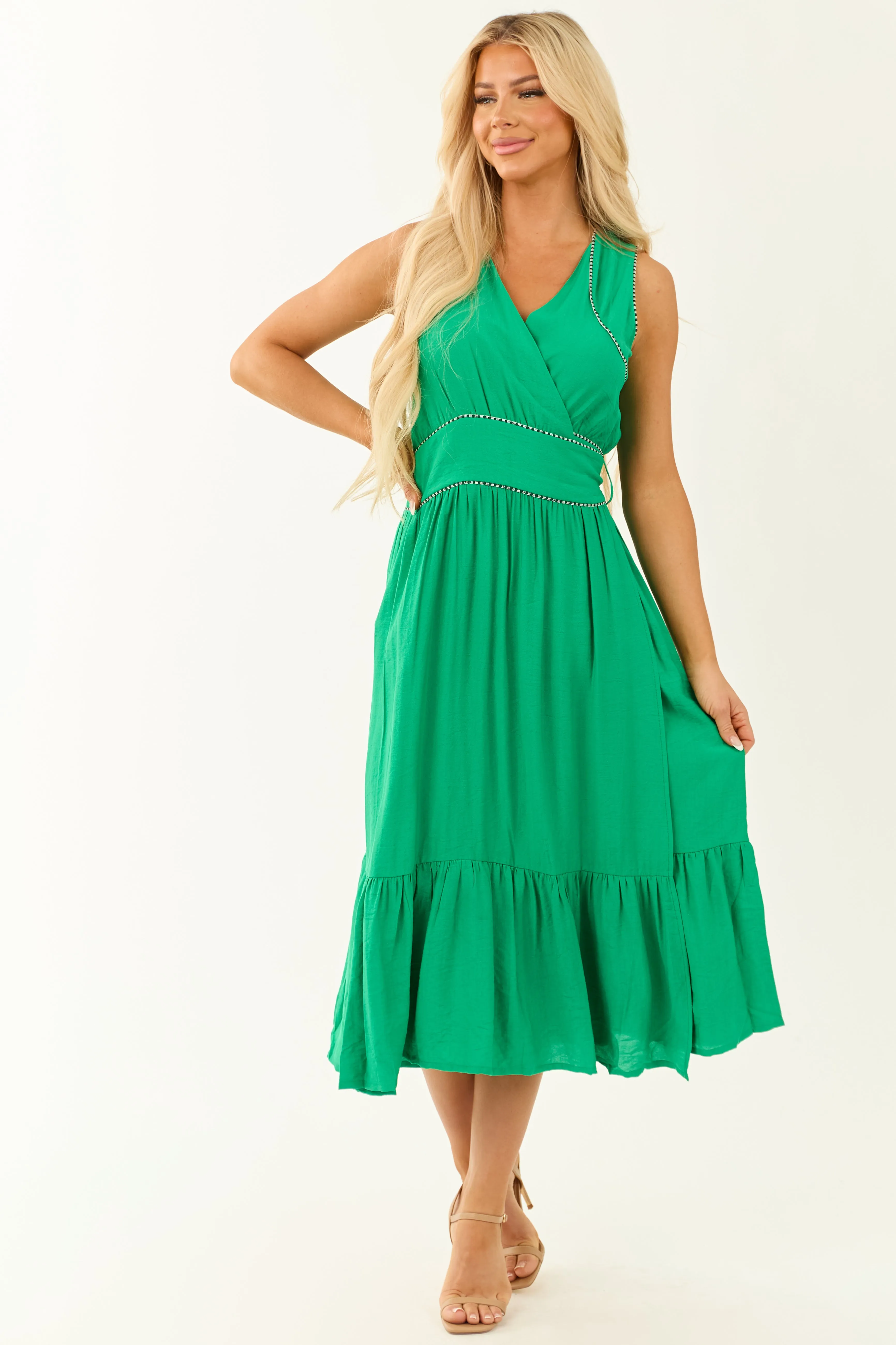 Jade V Neck Sleeveless Tiered Midi Wrap Dress effortless chic