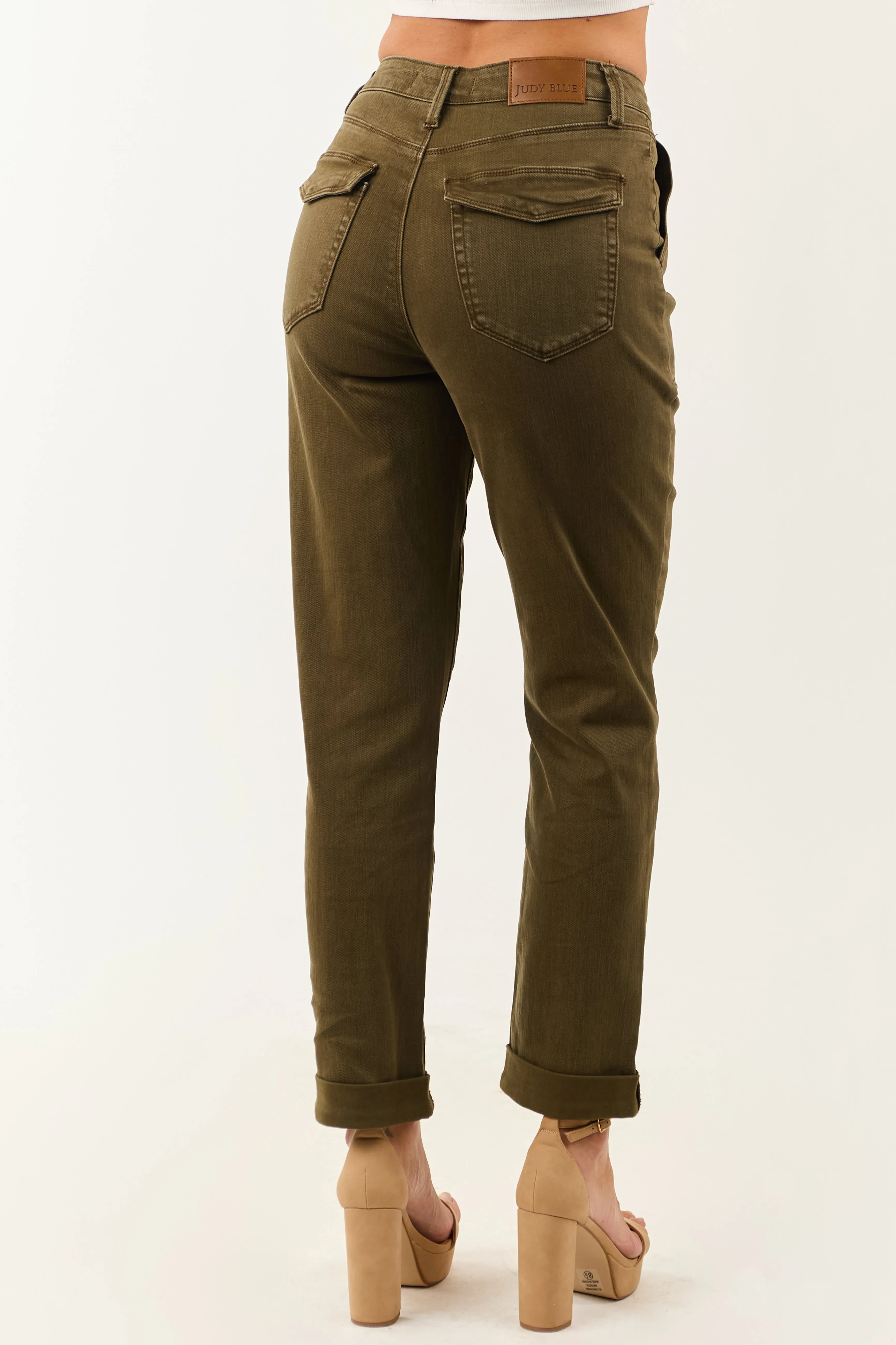 Judy Blue Army Green Cuffed Stretchy Straight Jeans fit all