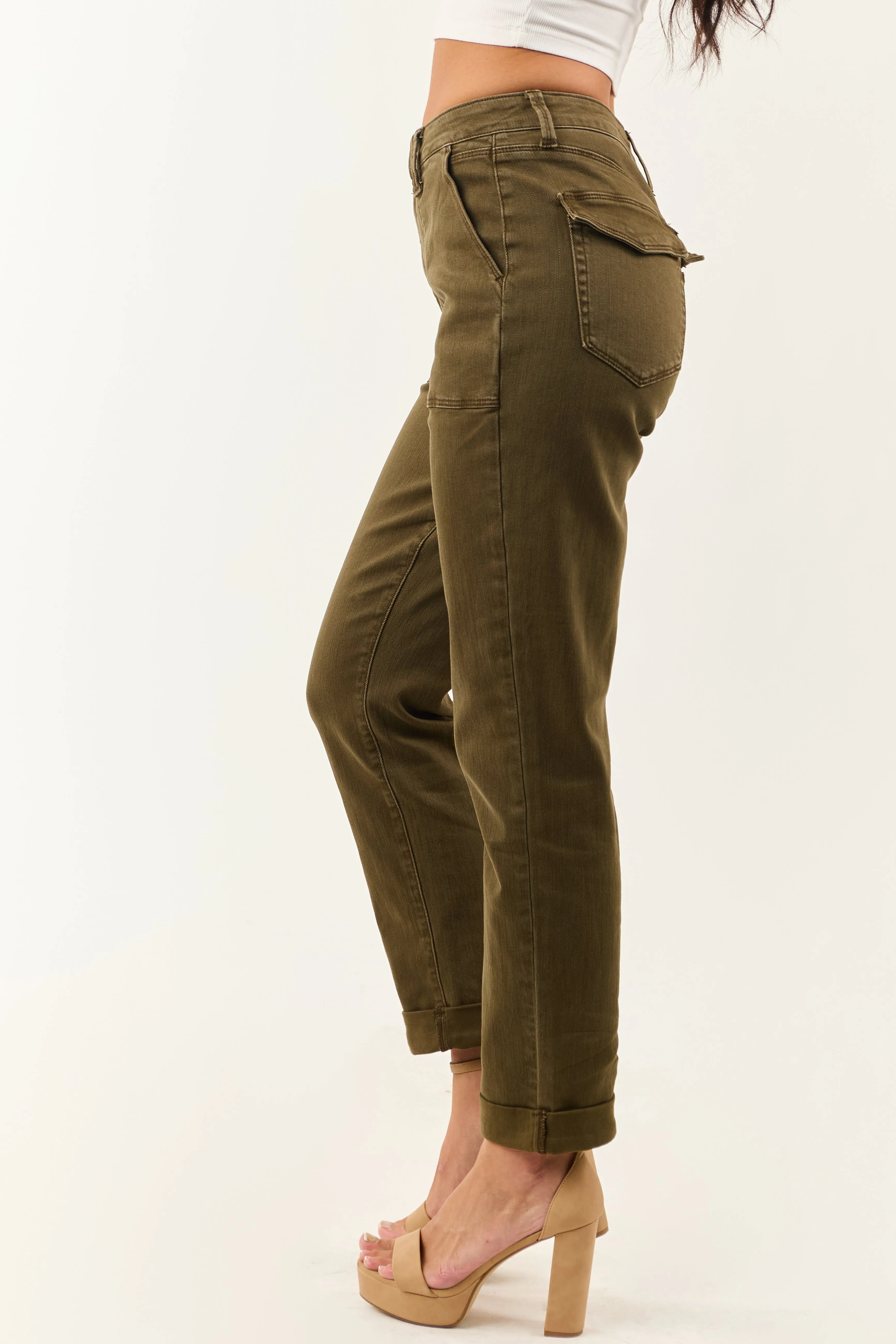 Judy Blue Army Green Cuffed Stretchy Straight Jeans fit all