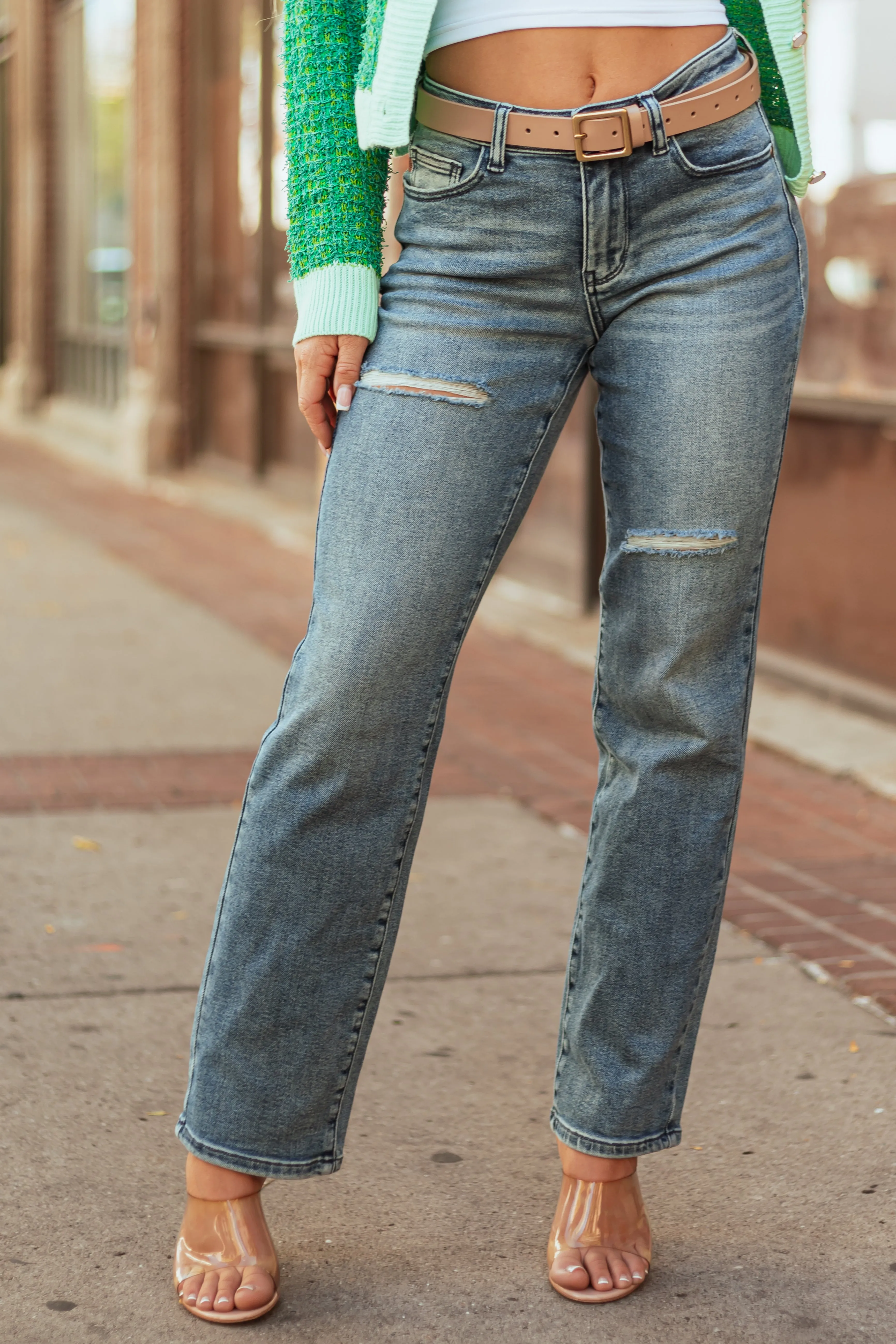 Judy Blue Medium Wash Distressed Detail Dad Jeans style flow