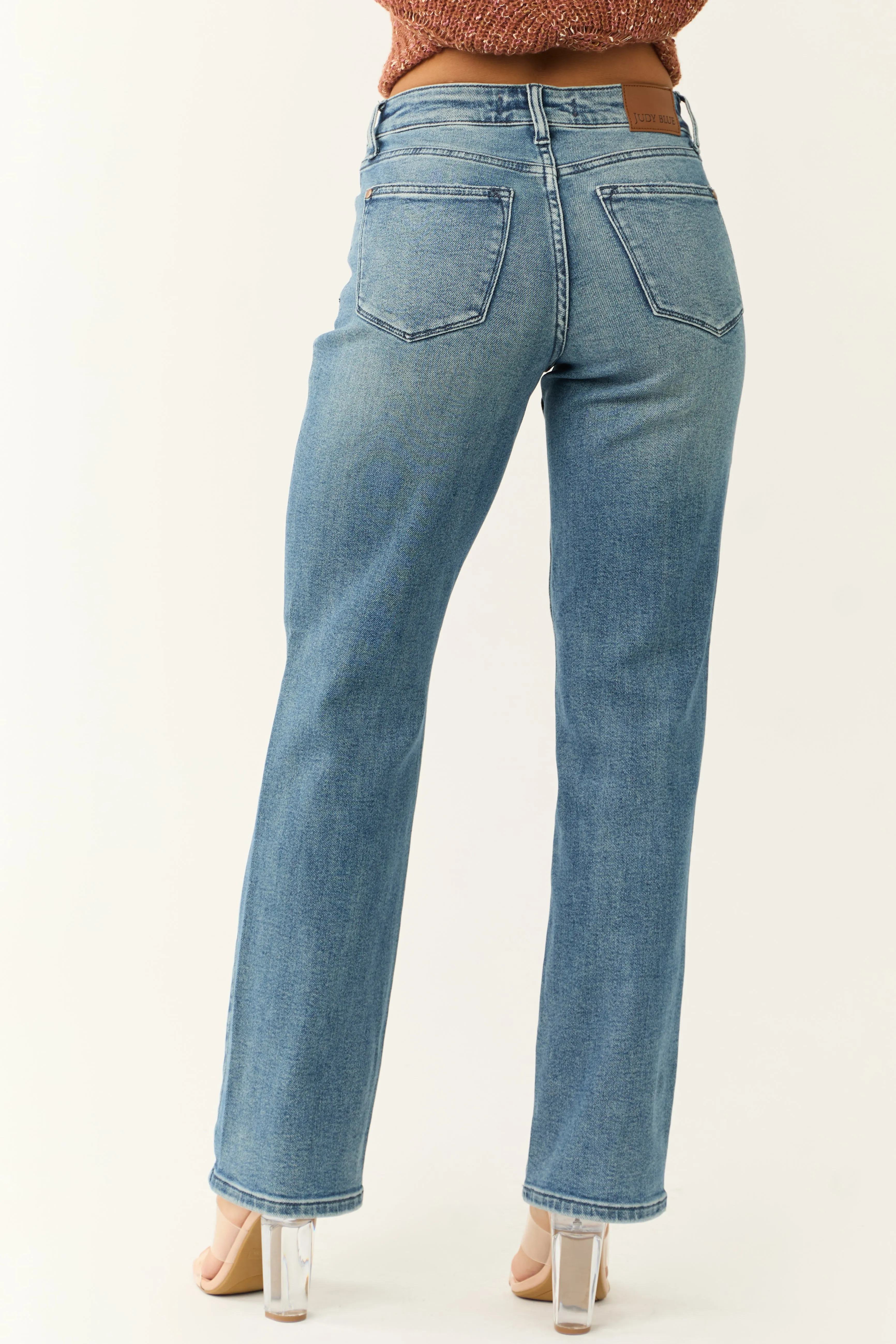 Judy Blue Medium Wash Distressed Detail Dad Jeans style flow