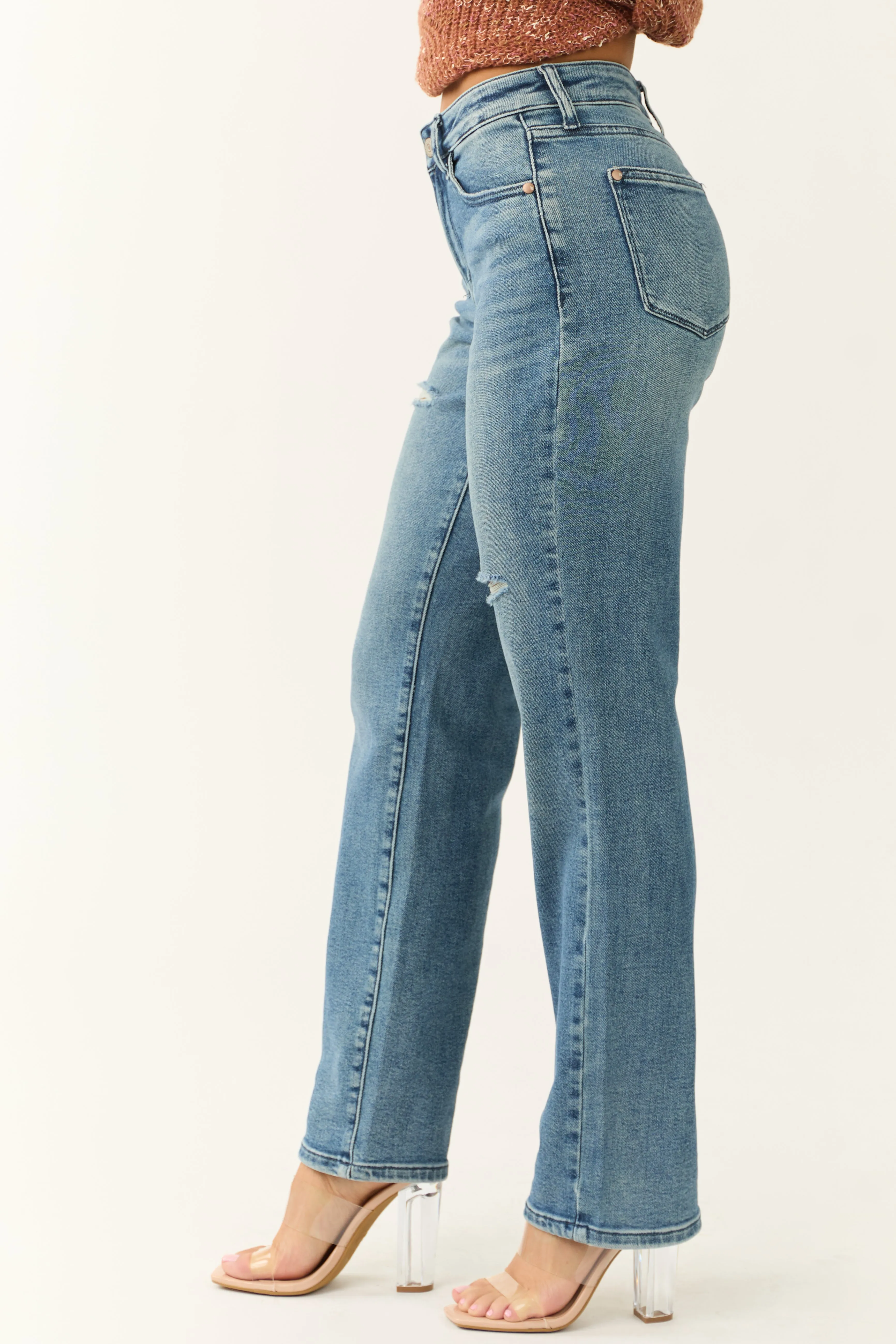 Judy Blue Medium Wash Distressed Detail Dad Jeans style flow