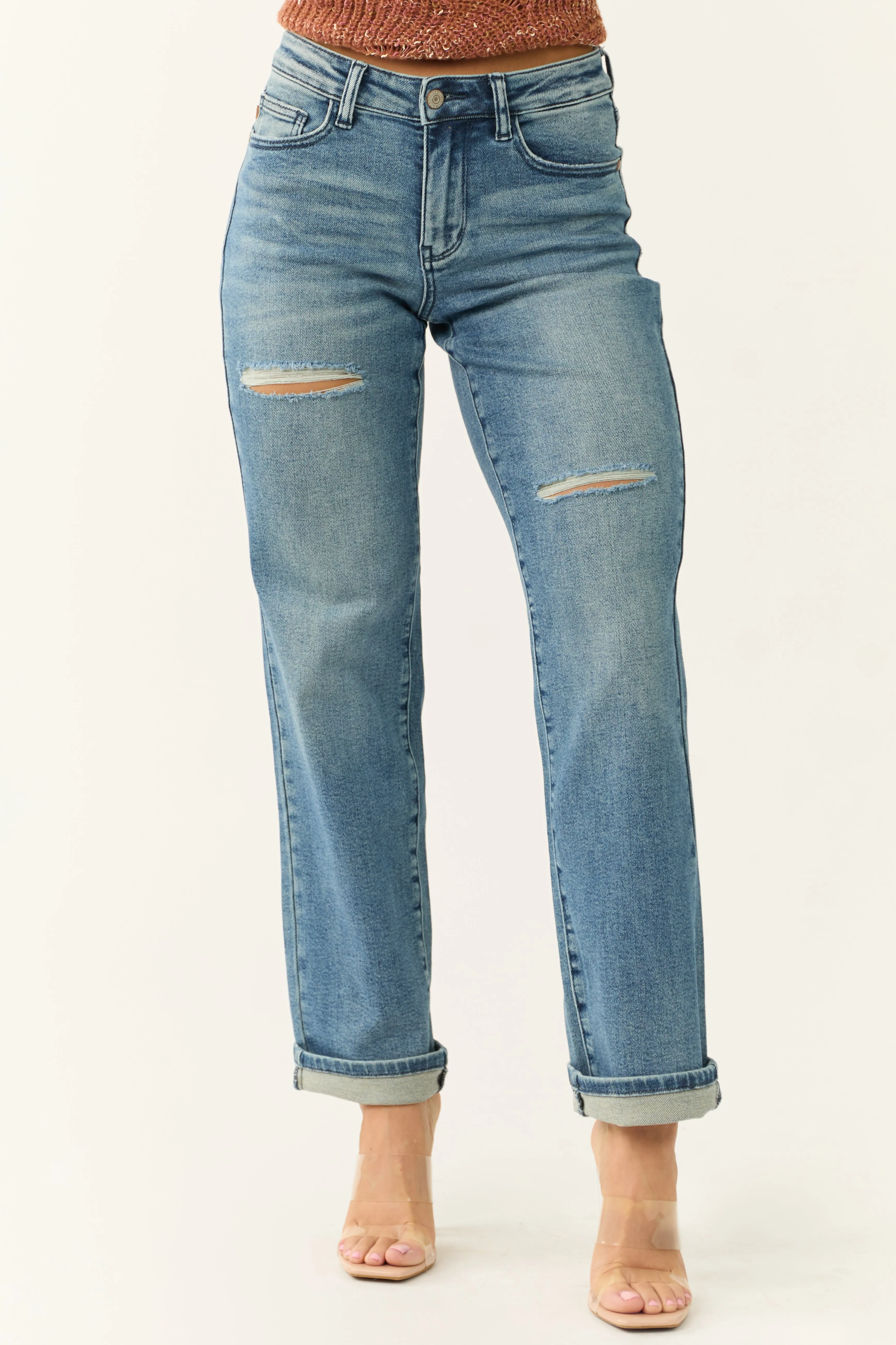 Judy Blue Medium Wash Distressed Detail Dad Jeans style flow