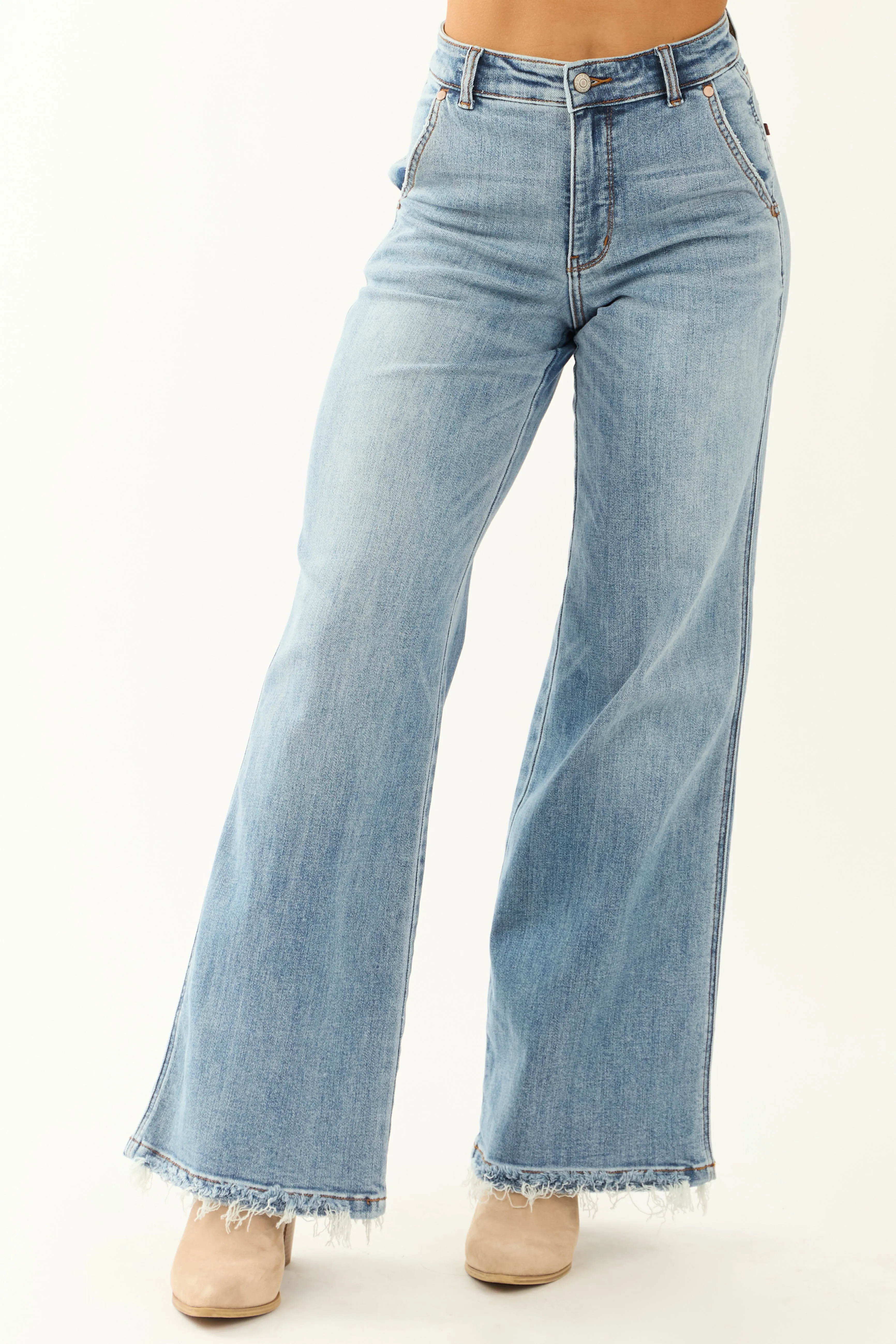 Judy Blue Stretchy Frayed Hem Wide Leg Jeans confident look