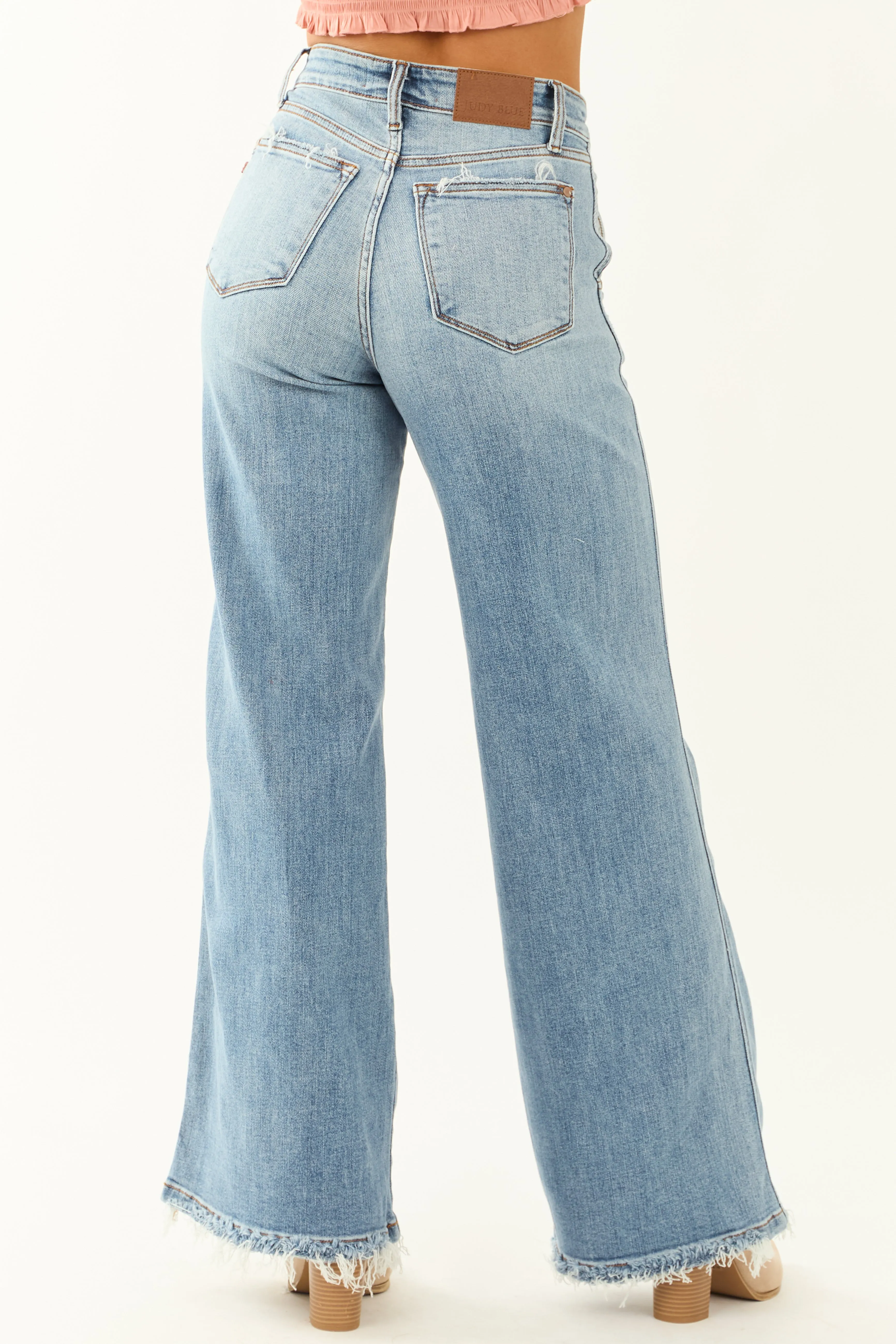 Judy Blue Stretchy Frayed Hem Wide Leg Jeans confident look