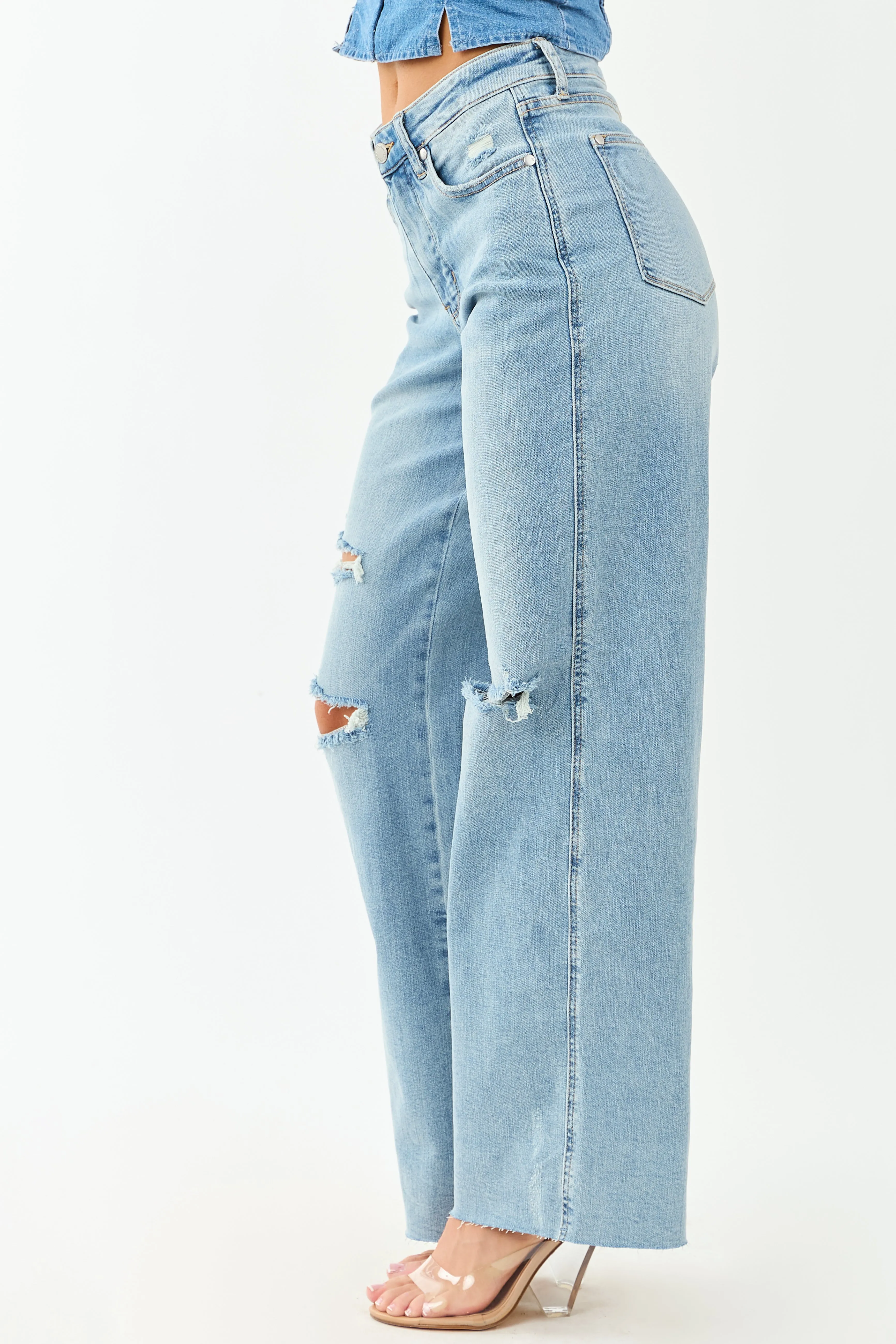 Judy Blue Tummy Control Distressed Stretchy Wide Jeans office goer