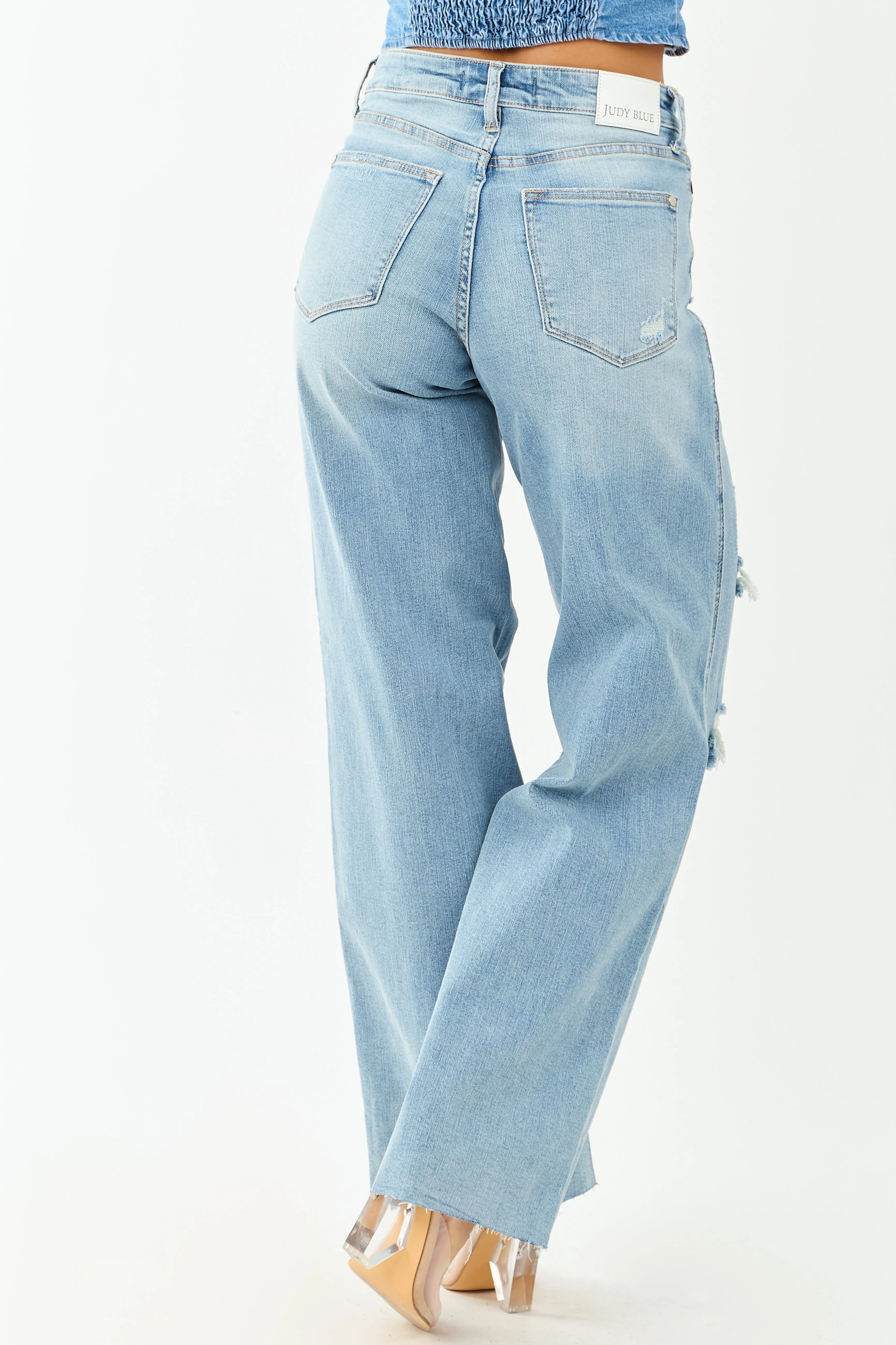 Judy Blue Tummy Control Distressed Stretchy Wide Jeans office goer