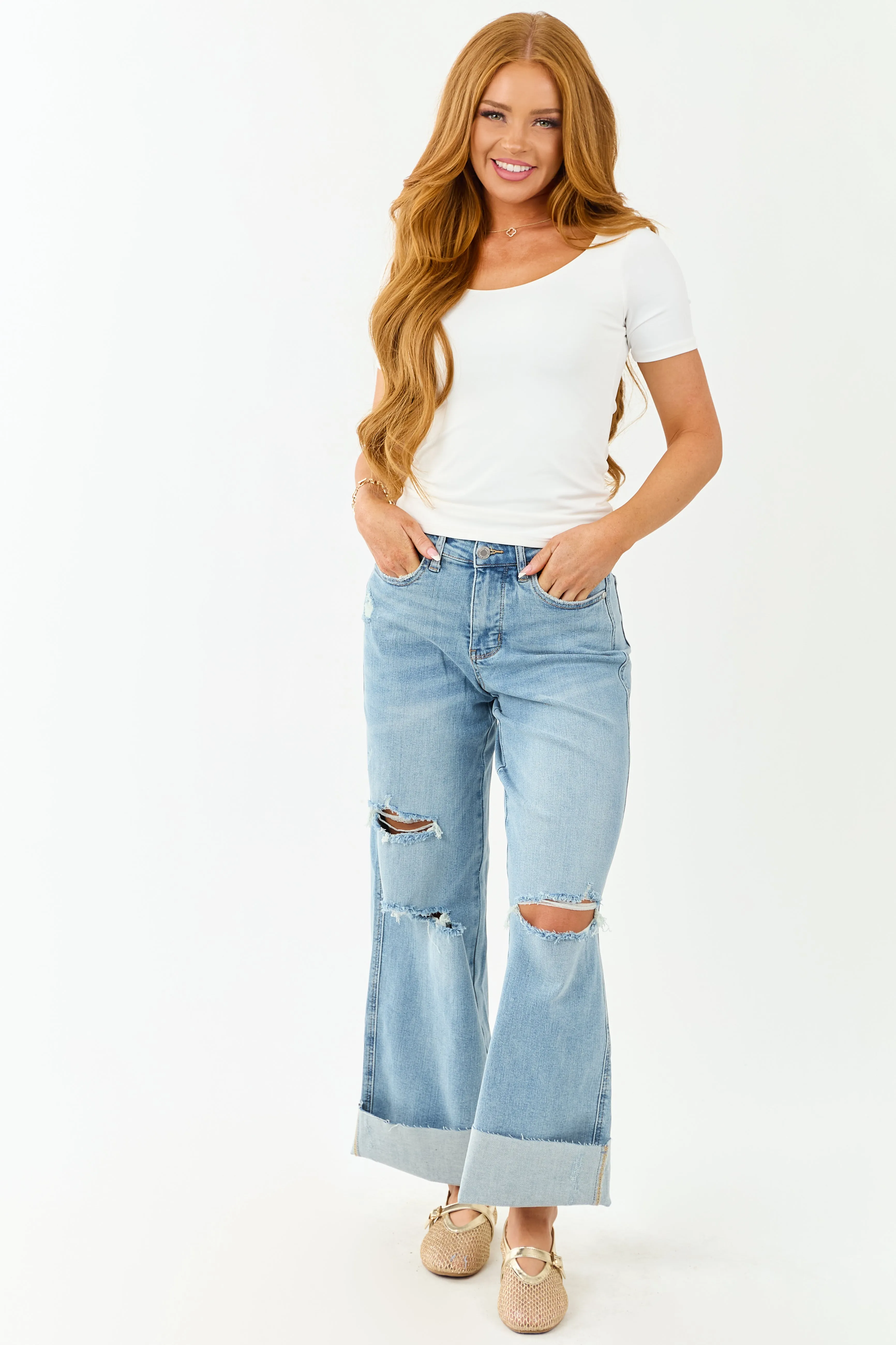 Judy Blue Tummy Control Distressed Stretchy Wide Jeans office goer