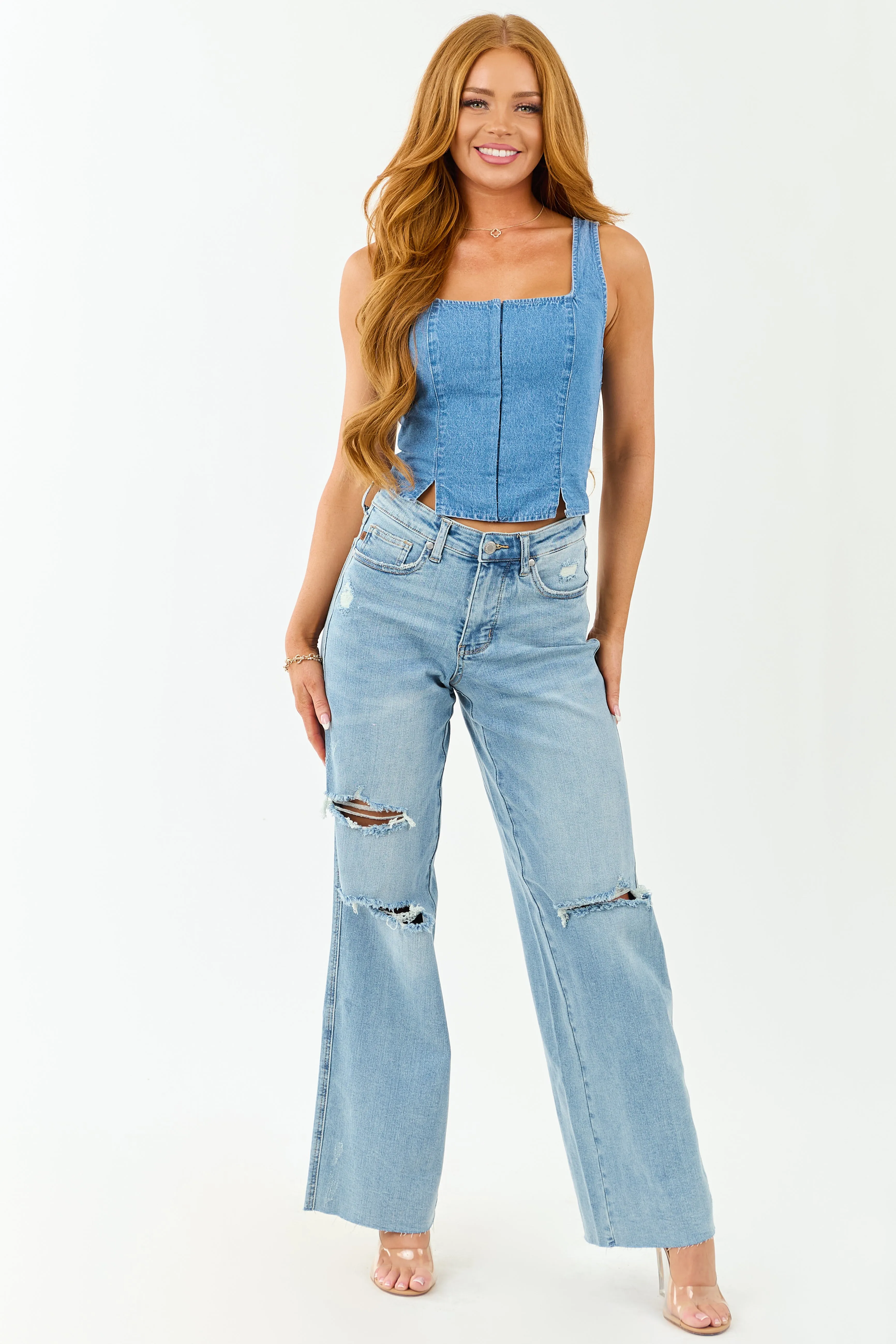 Judy Blue Tummy Control Distressed Stretchy Wide Jeans office goer