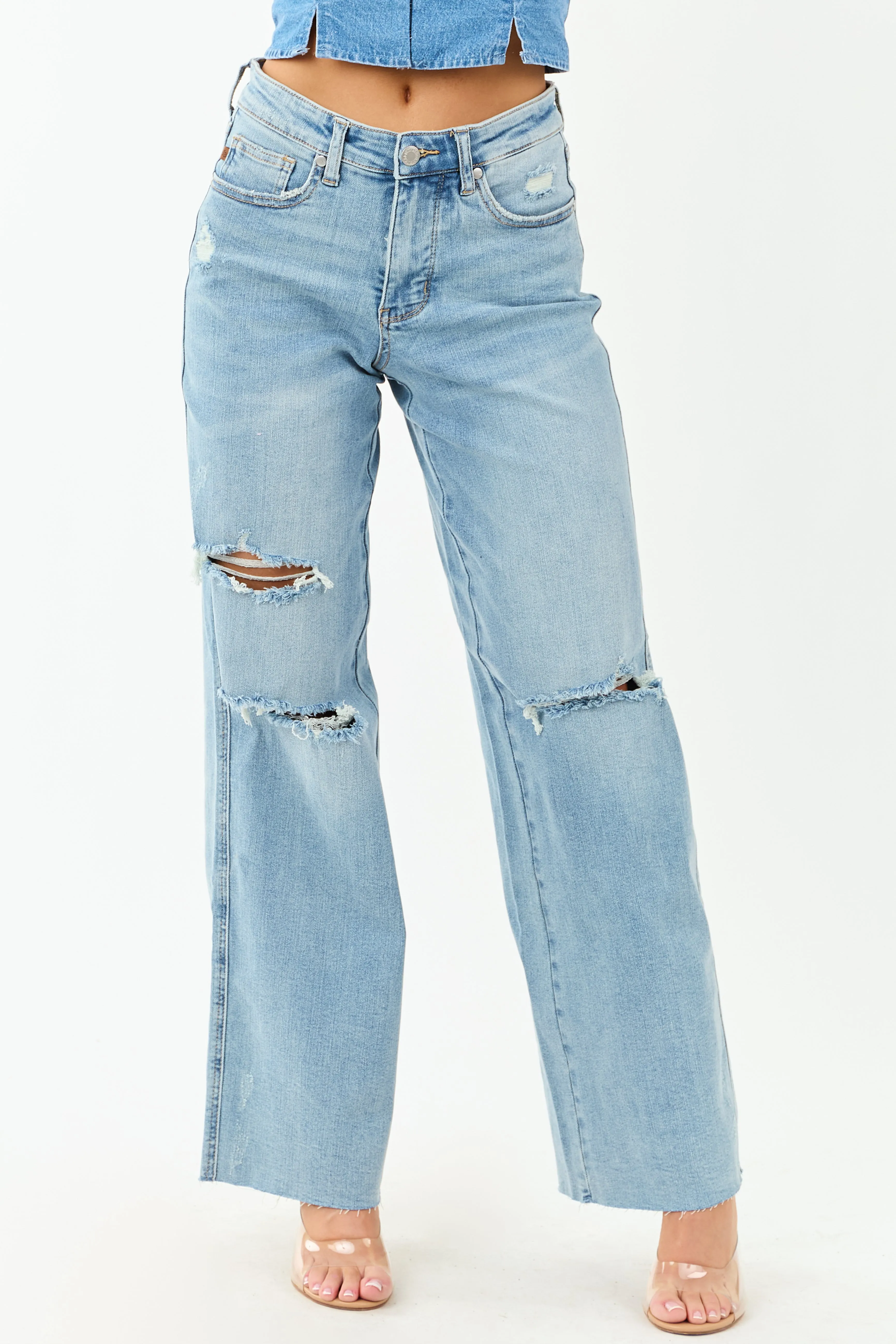 Judy Blue Tummy Control Distressed Stretchy Wide Jeans office goer
