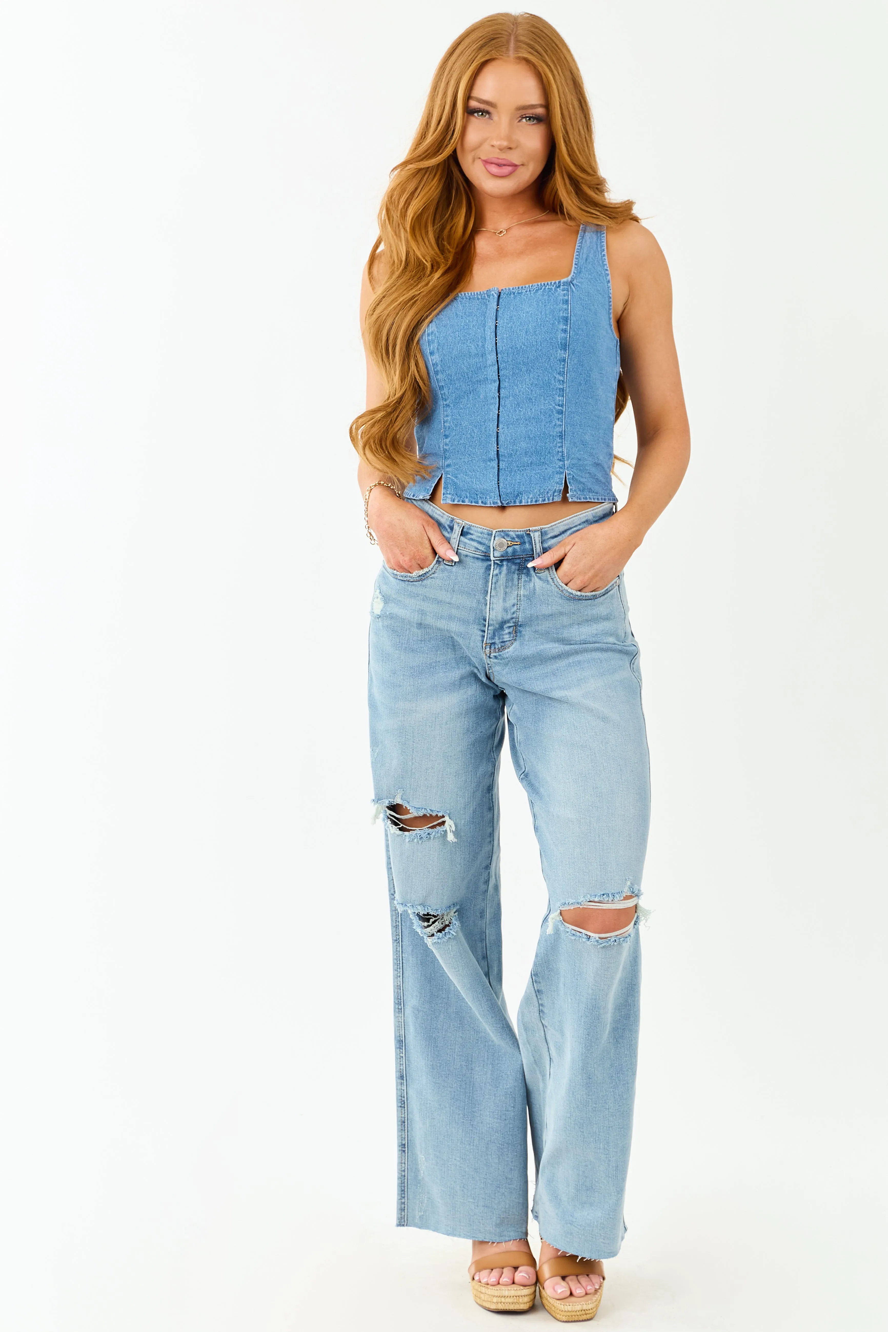 Judy Blue Tummy Control Distressed Stretchy Wide Jeans office goer