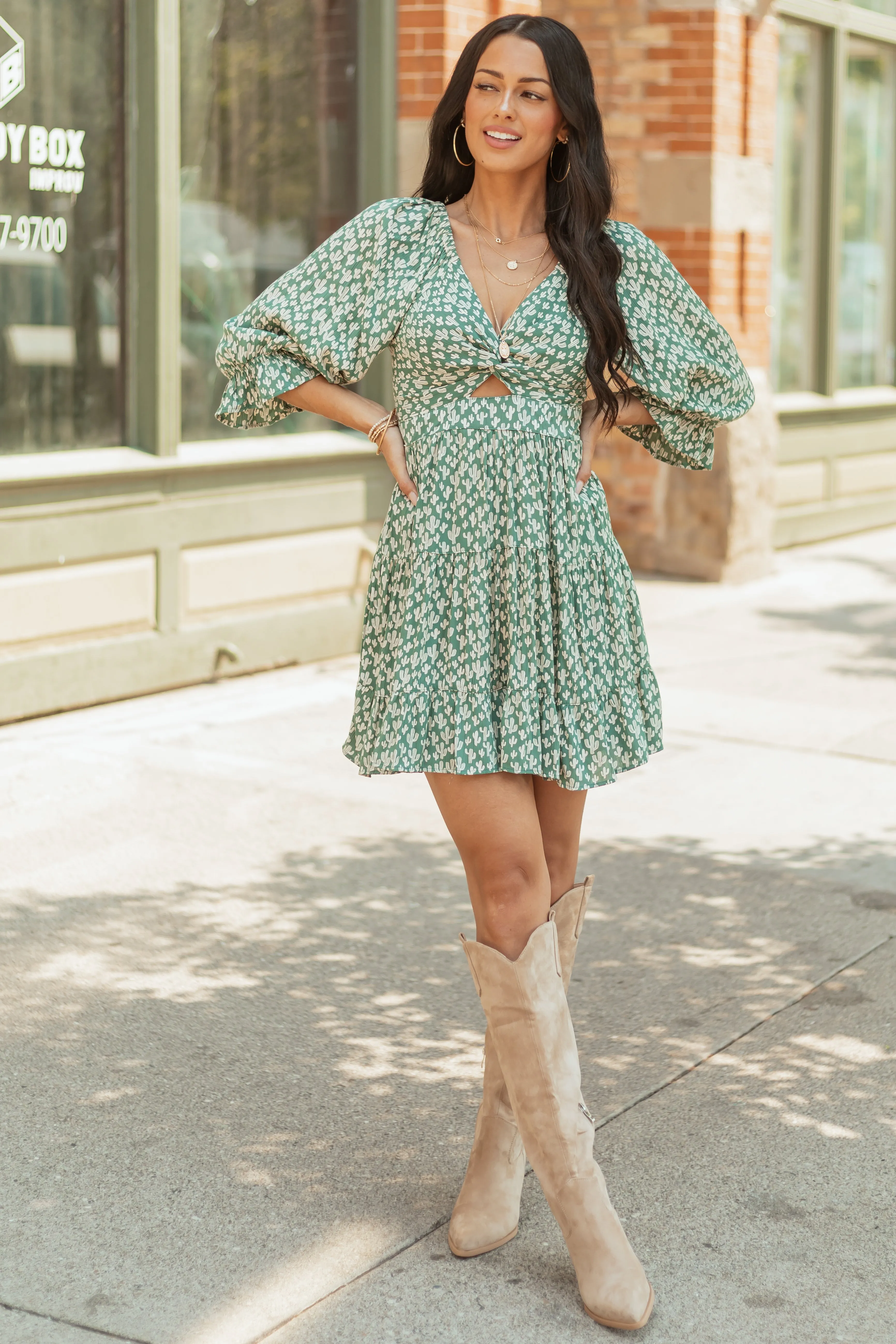 Juniper Cactus Print Front Twist Mini Dress casual wear