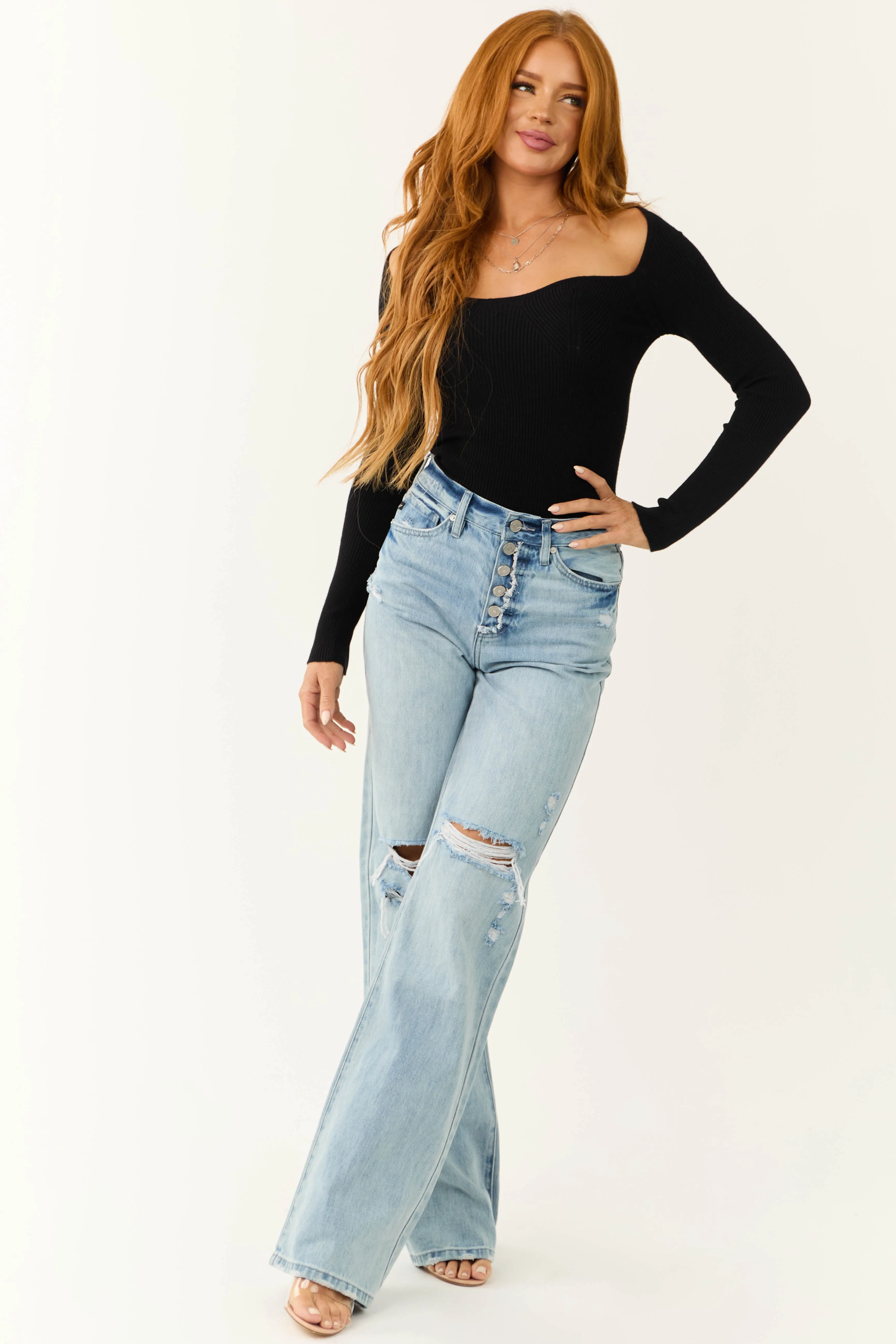 KanCan Light Wash Distressed Button Fly Wide Leg Jeans all age