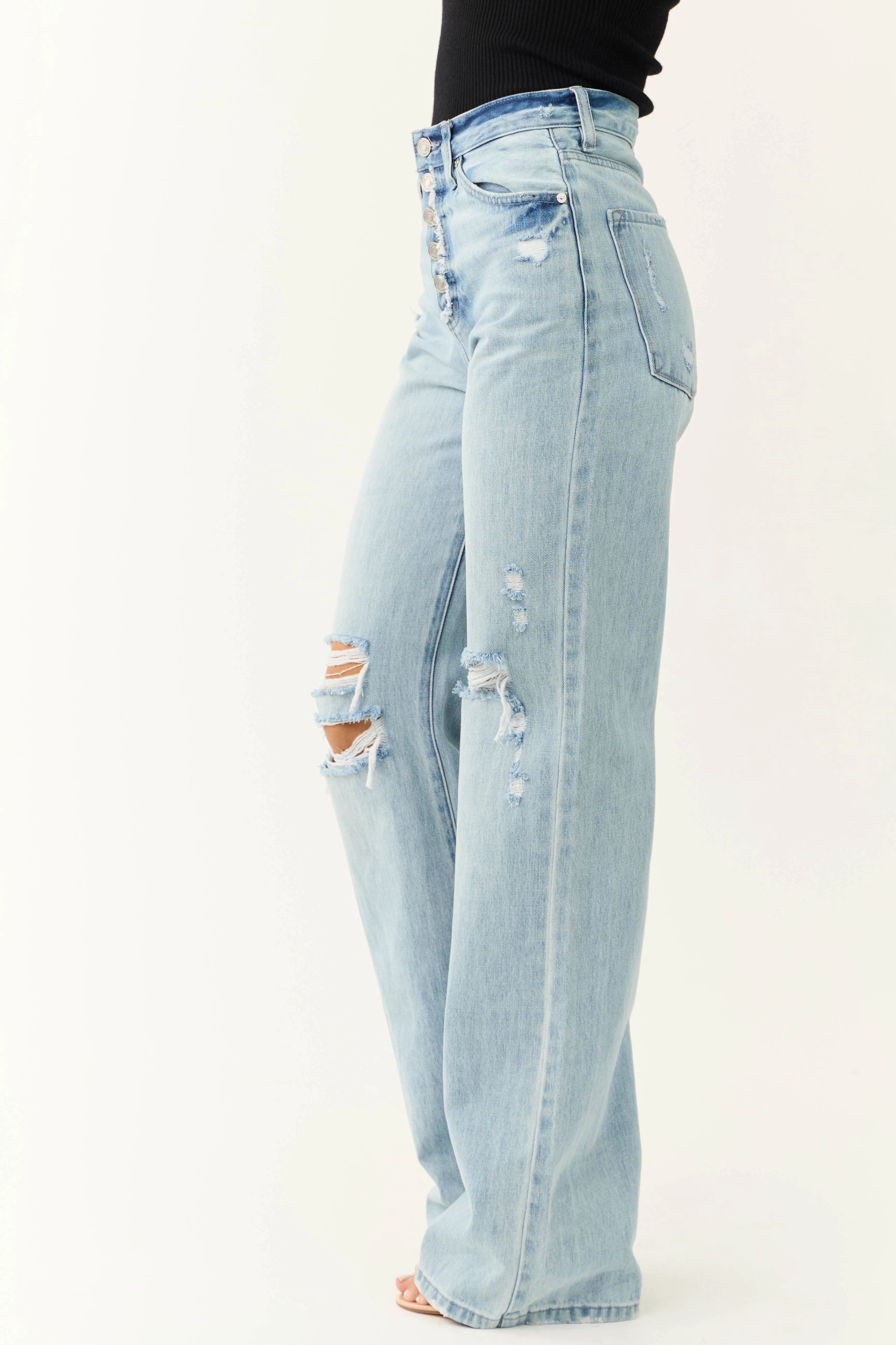 KanCan Light Wash Distressed Button Fly Wide Leg Jeans all age