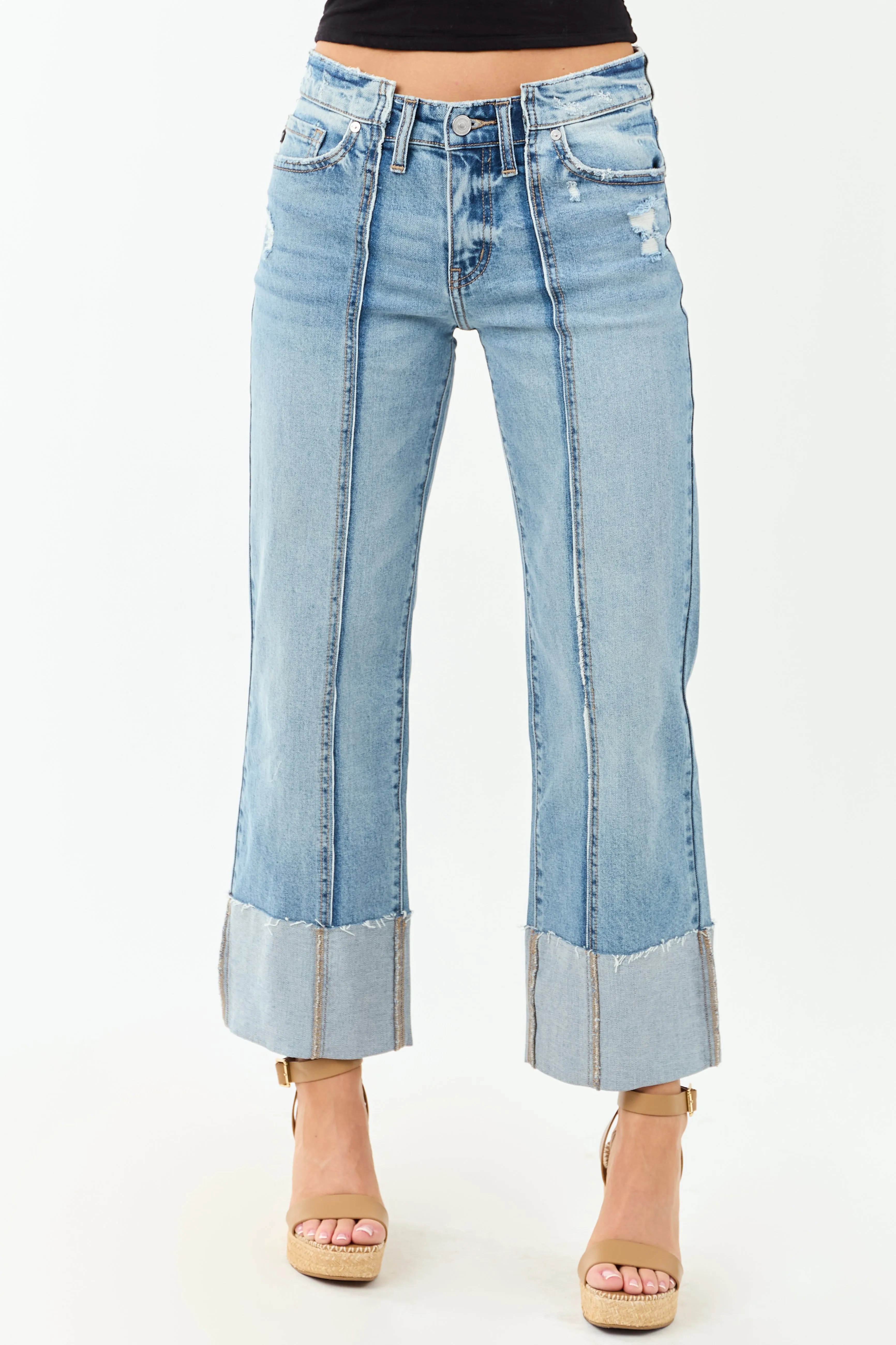 KanCan Medium Cuffed Cropped Stretchy Wide Jeans design led