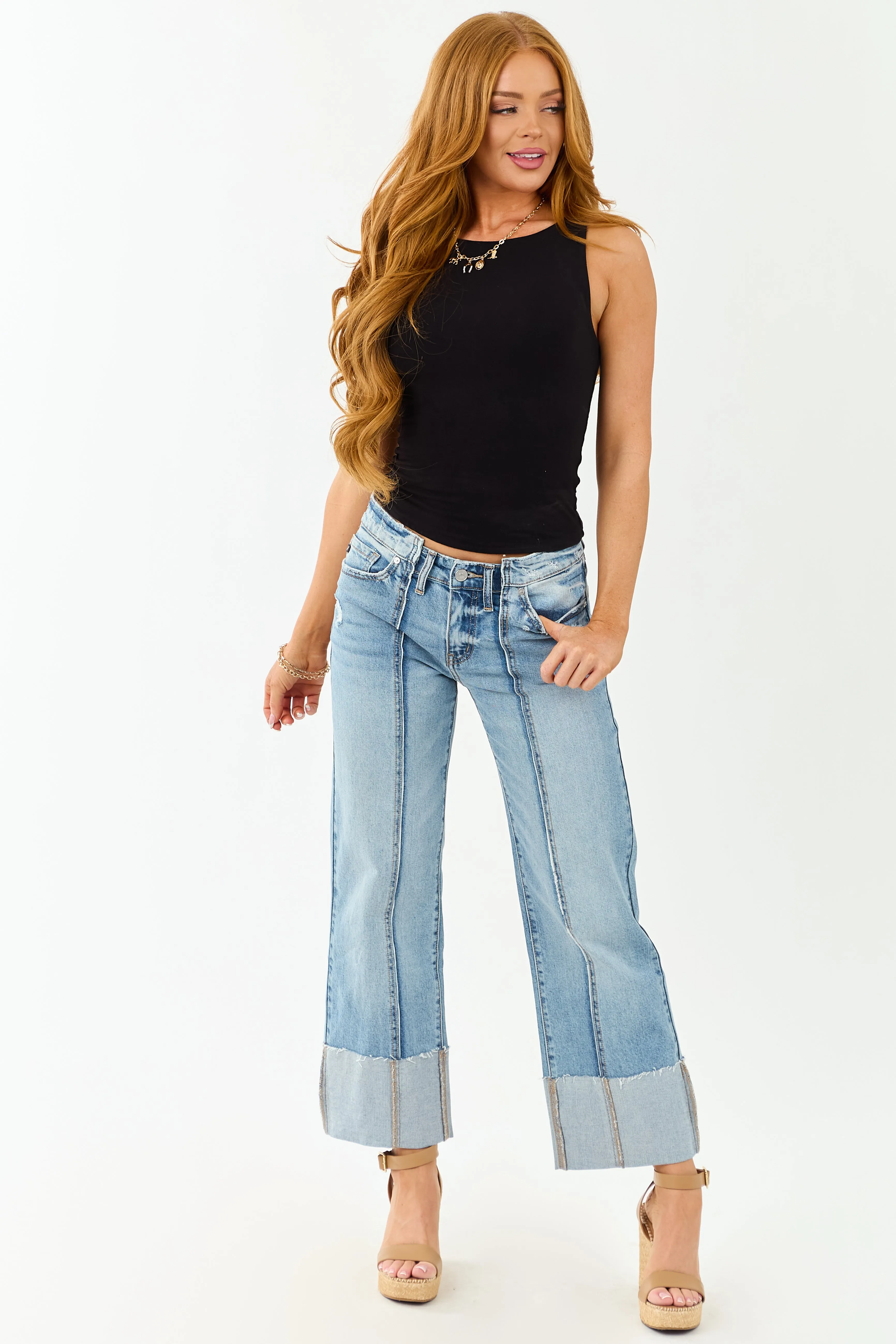 KanCan Medium Cuffed Cropped Stretchy Wide Jeans design led