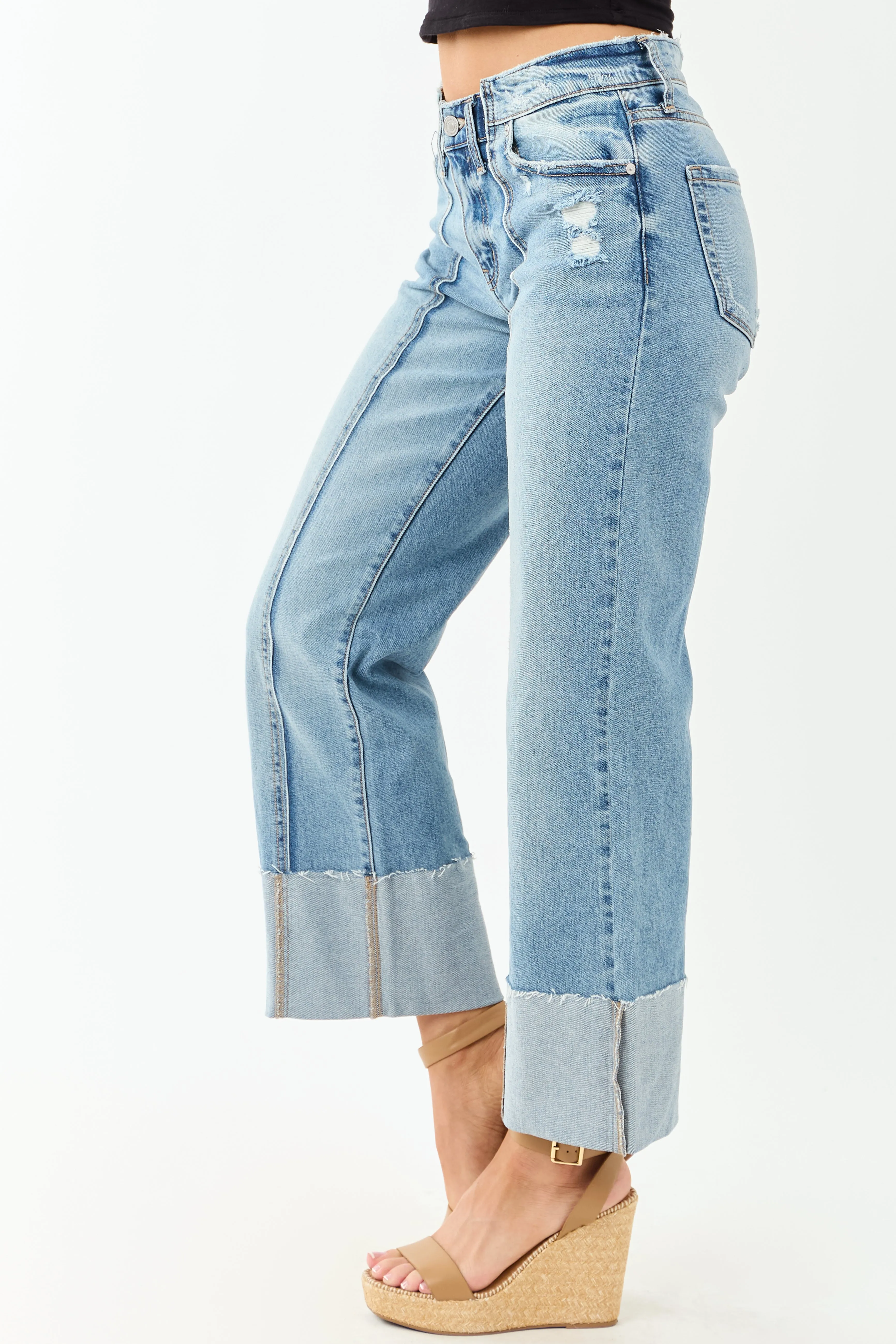 KanCan Medium Cuffed Cropped Stretchy Wide Jeans design led