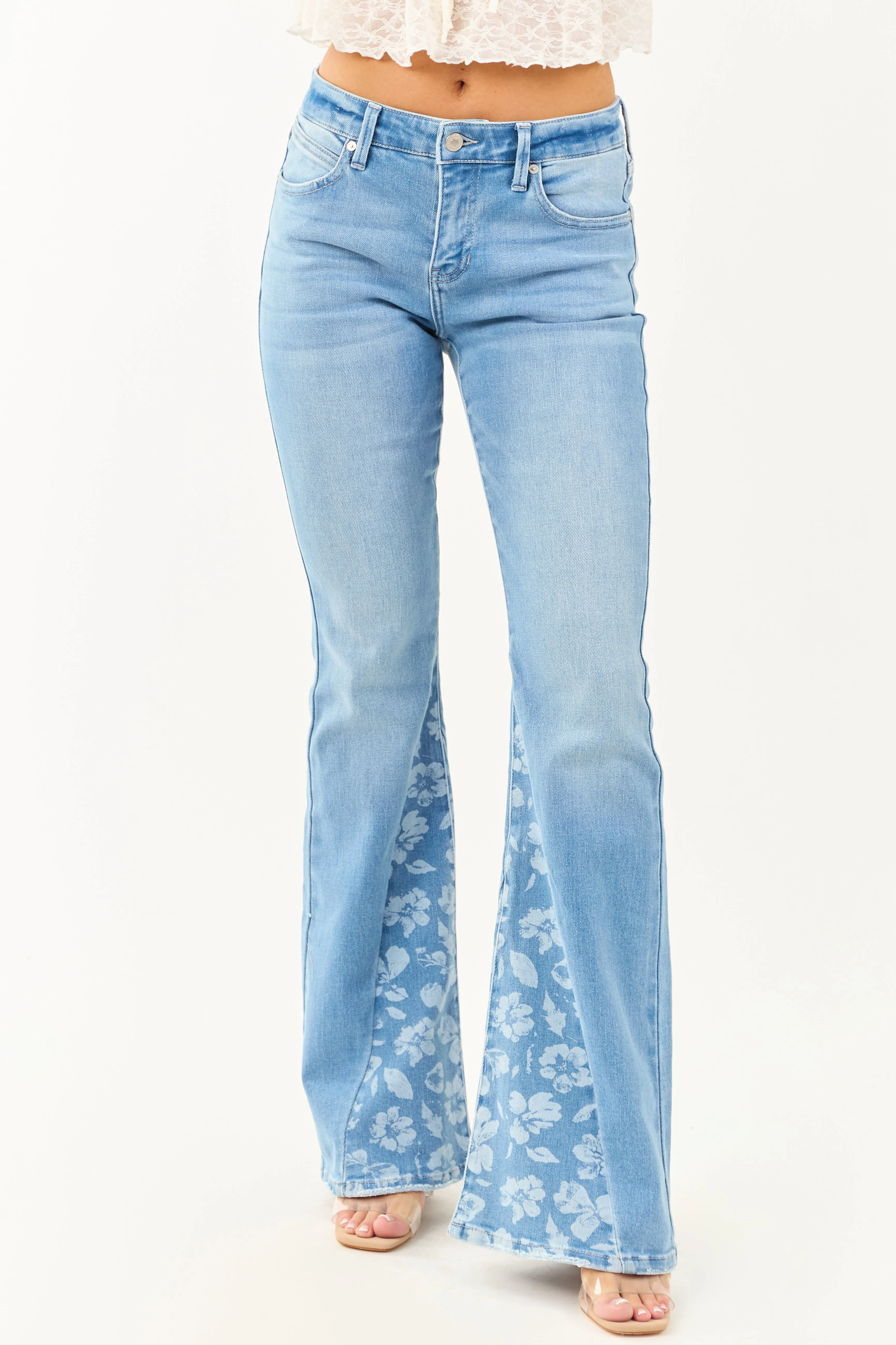 KanCan Medium Floral Panel Stretchy Flare Jeans charm boost