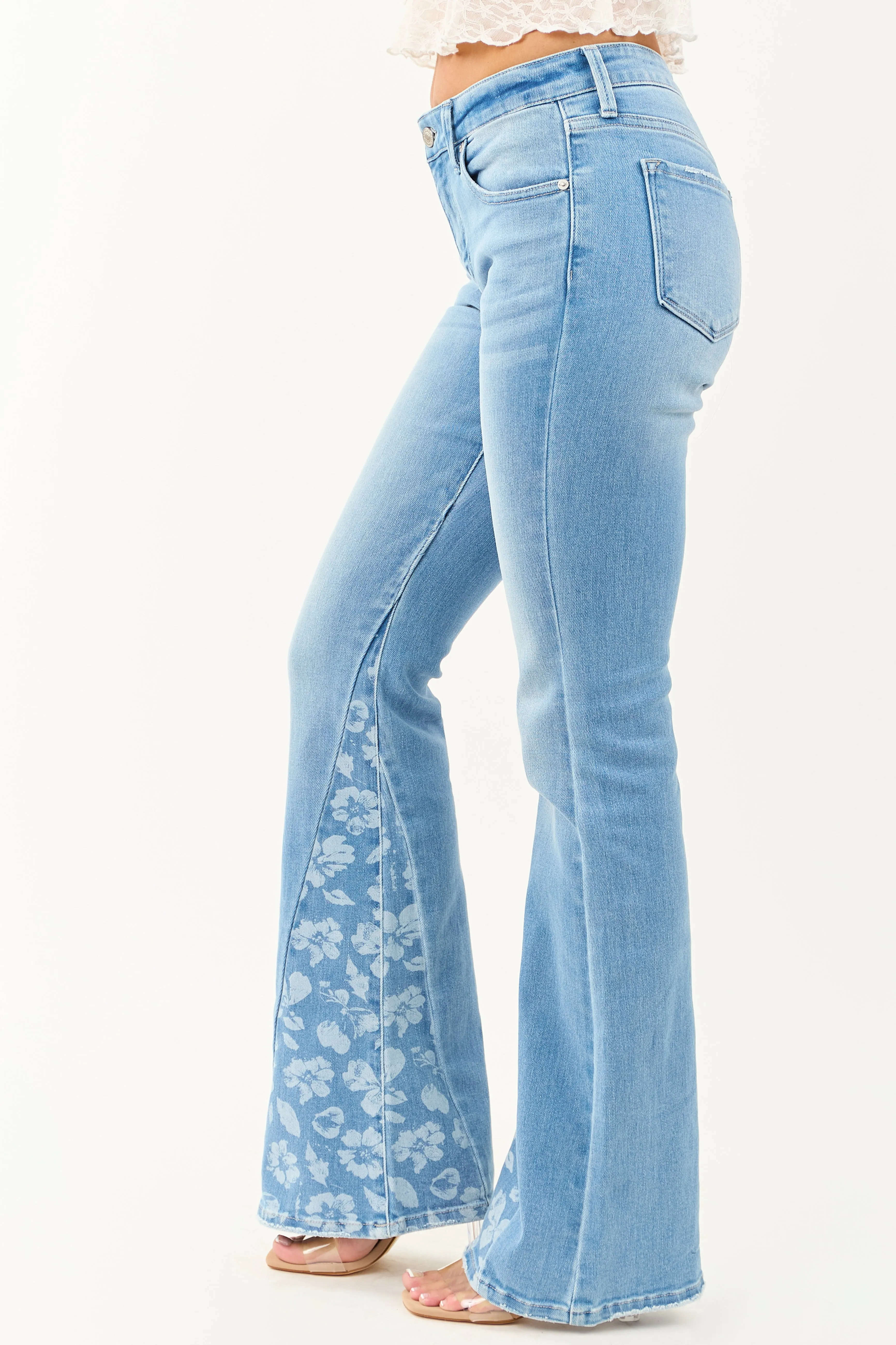 KanCan Medium Floral Panel Stretchy Flare Jeans charm boost