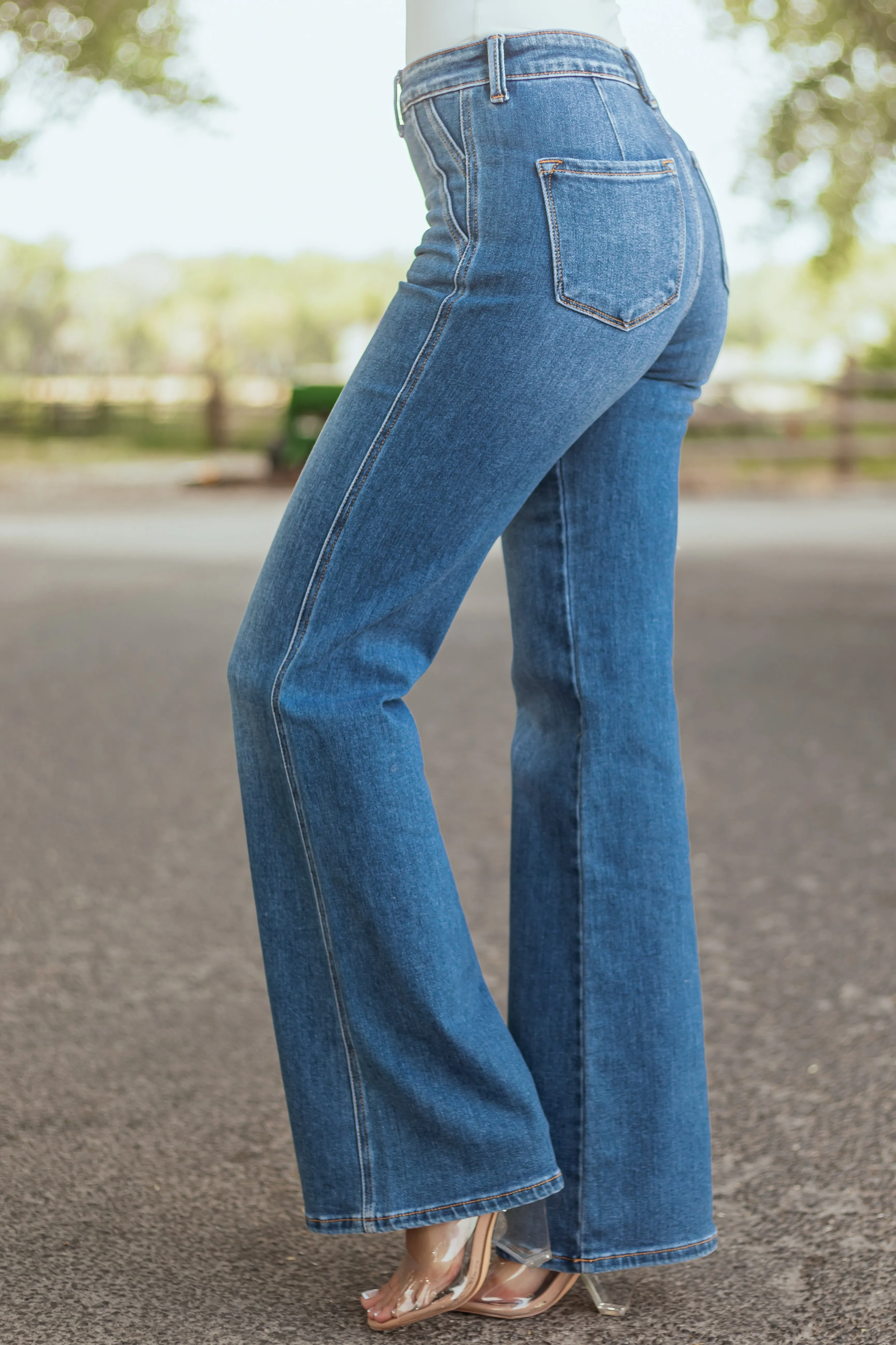 KanCan Medium Wash Ultra High Rise Flare Jeans warm cool