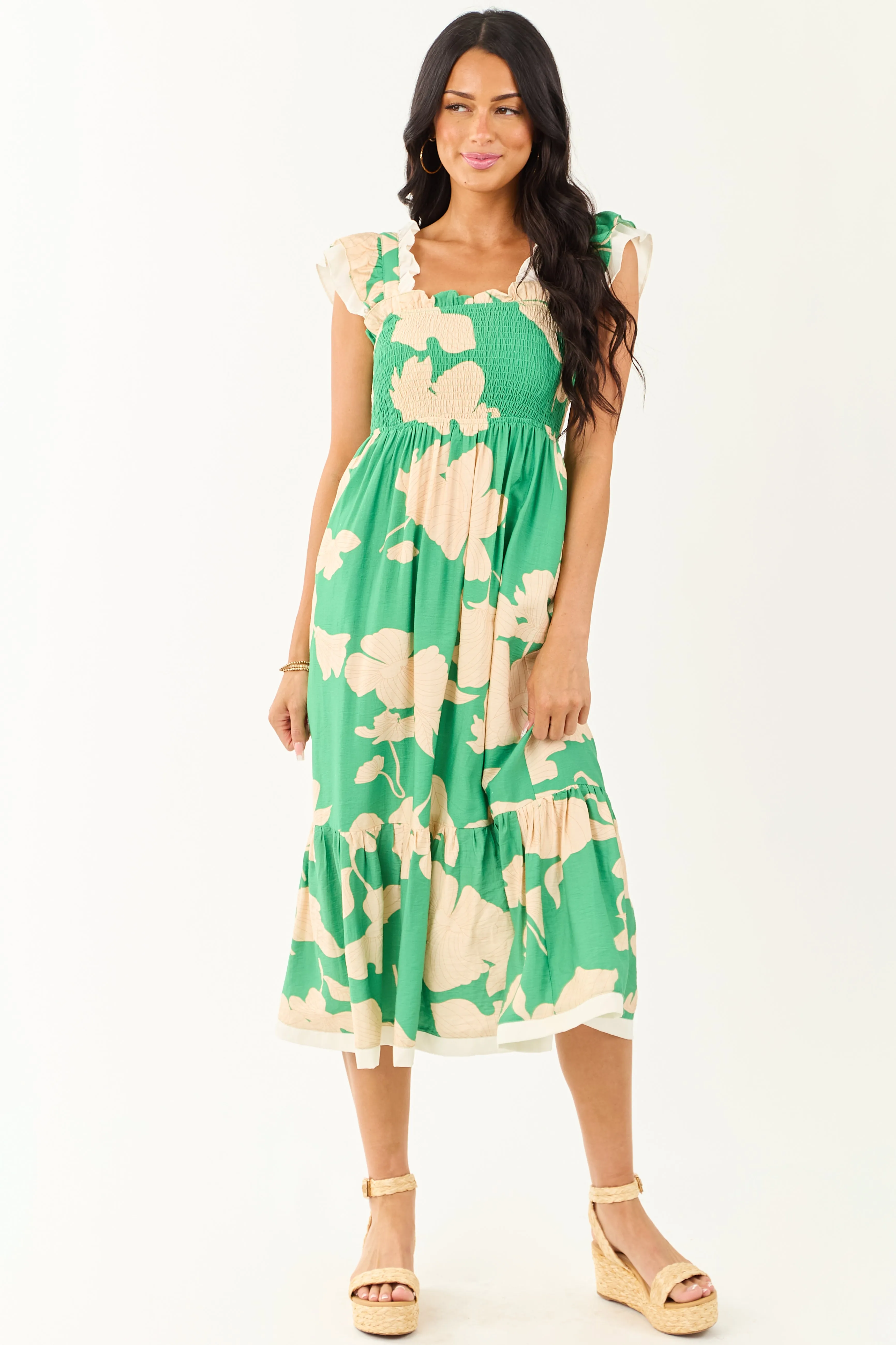 Kelly Green and Cream Floral Print Smocked Midi Dress cutout design