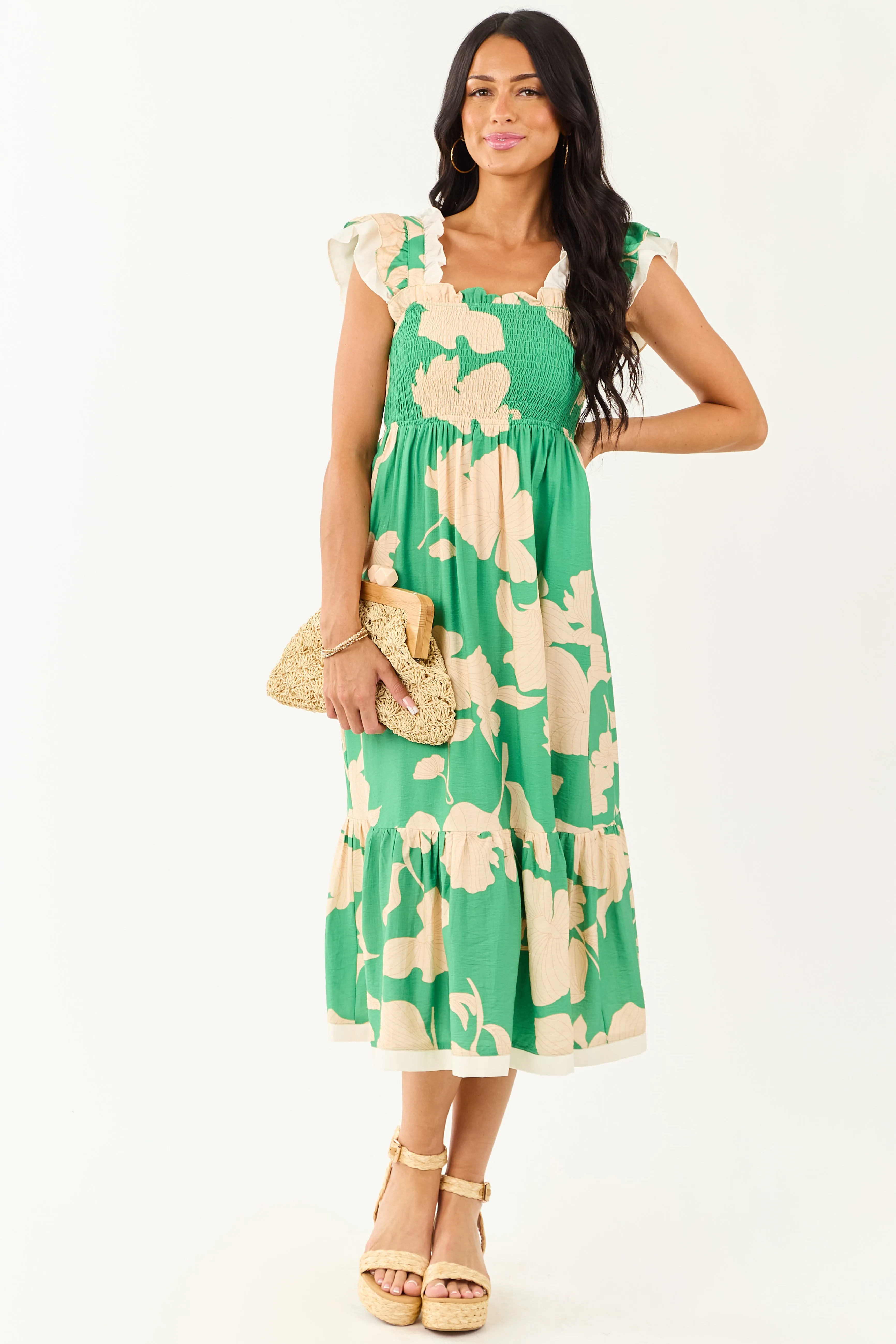 Kelly Green and Cream Floral Print Smocked Midi Dress cutout design