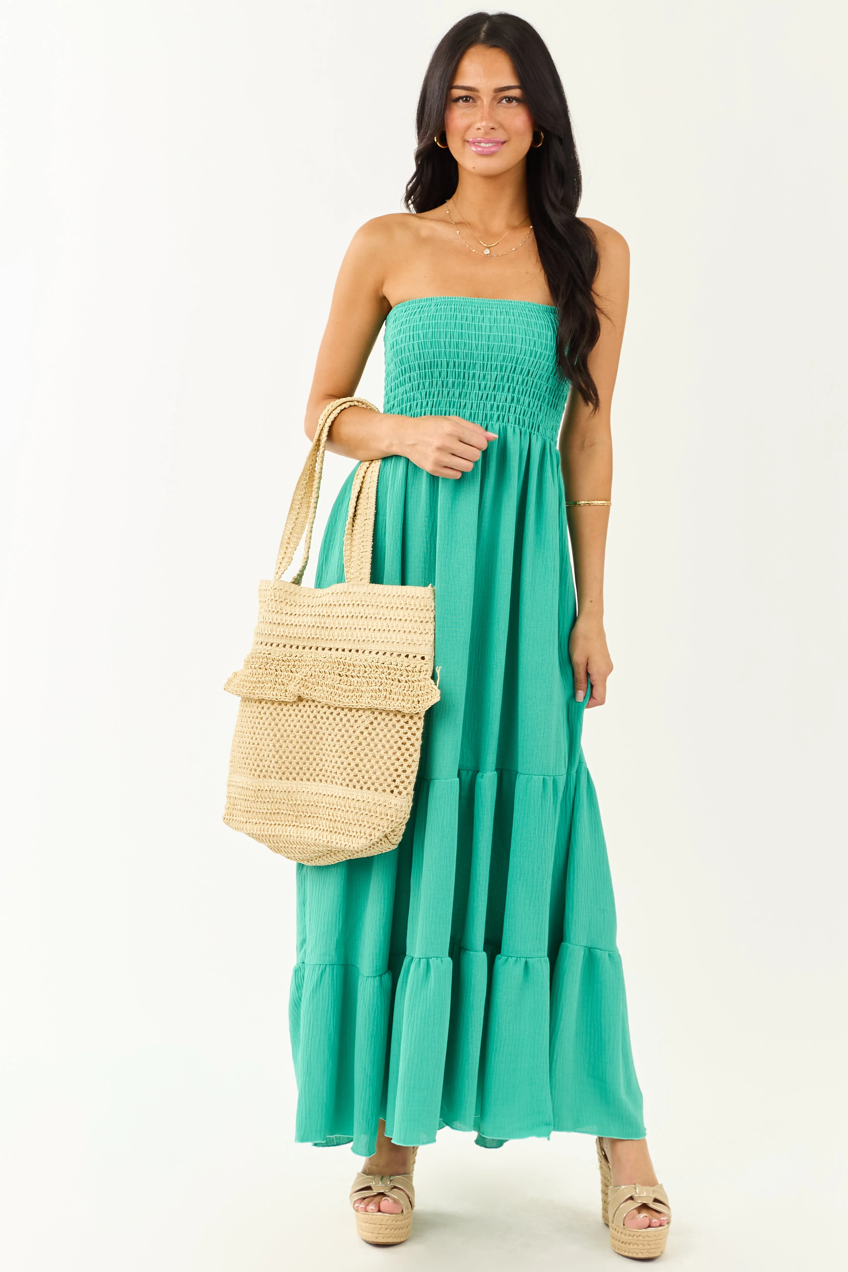 Kelly Green Smocked Tiered Strapless Maxi Dress smock dress