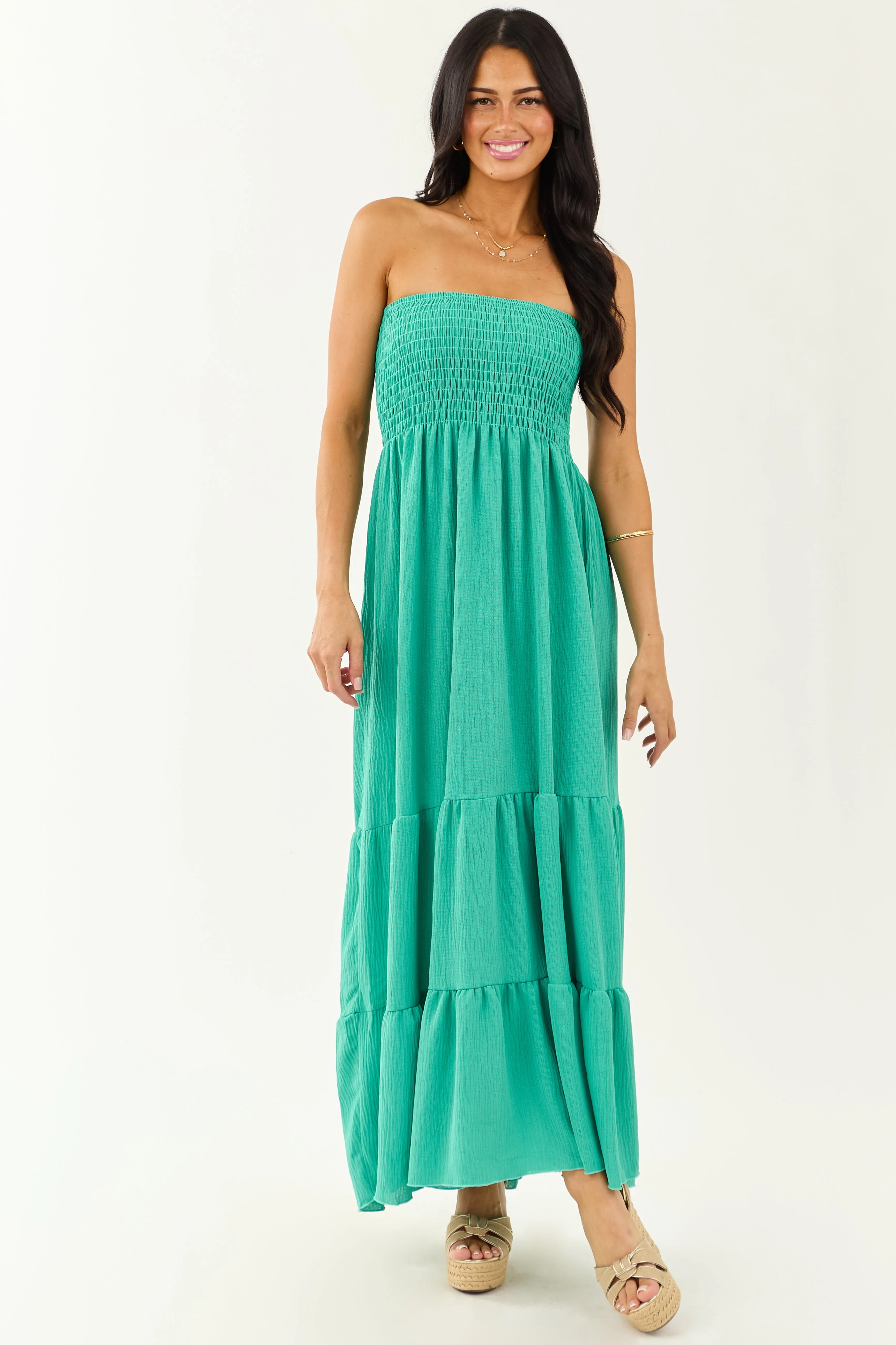Kelly Green Smocked Tiered Strapless Maxi Dress smock dress