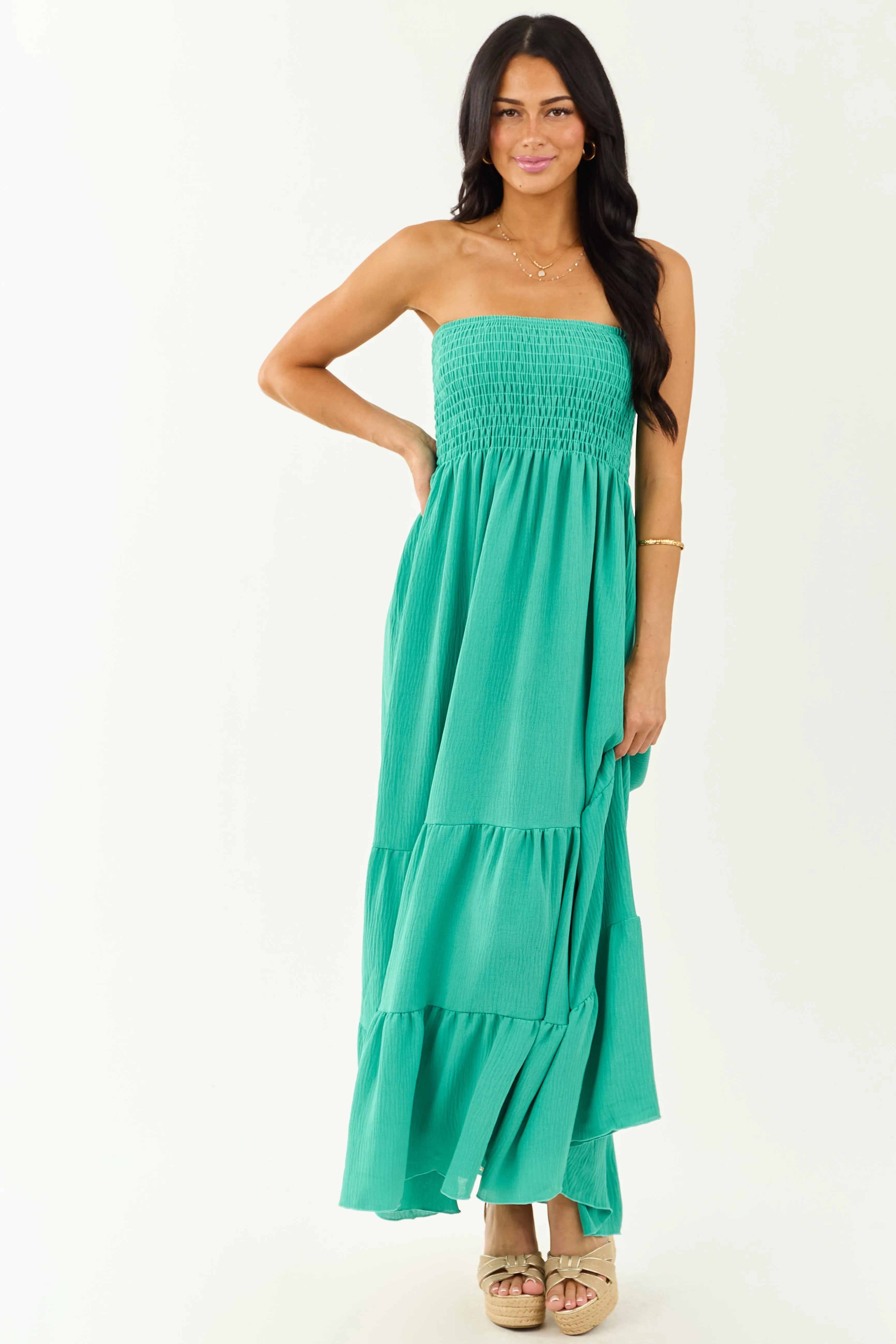 Kelly Green Smocked Tiered Strapless Maxi Dress smock dress