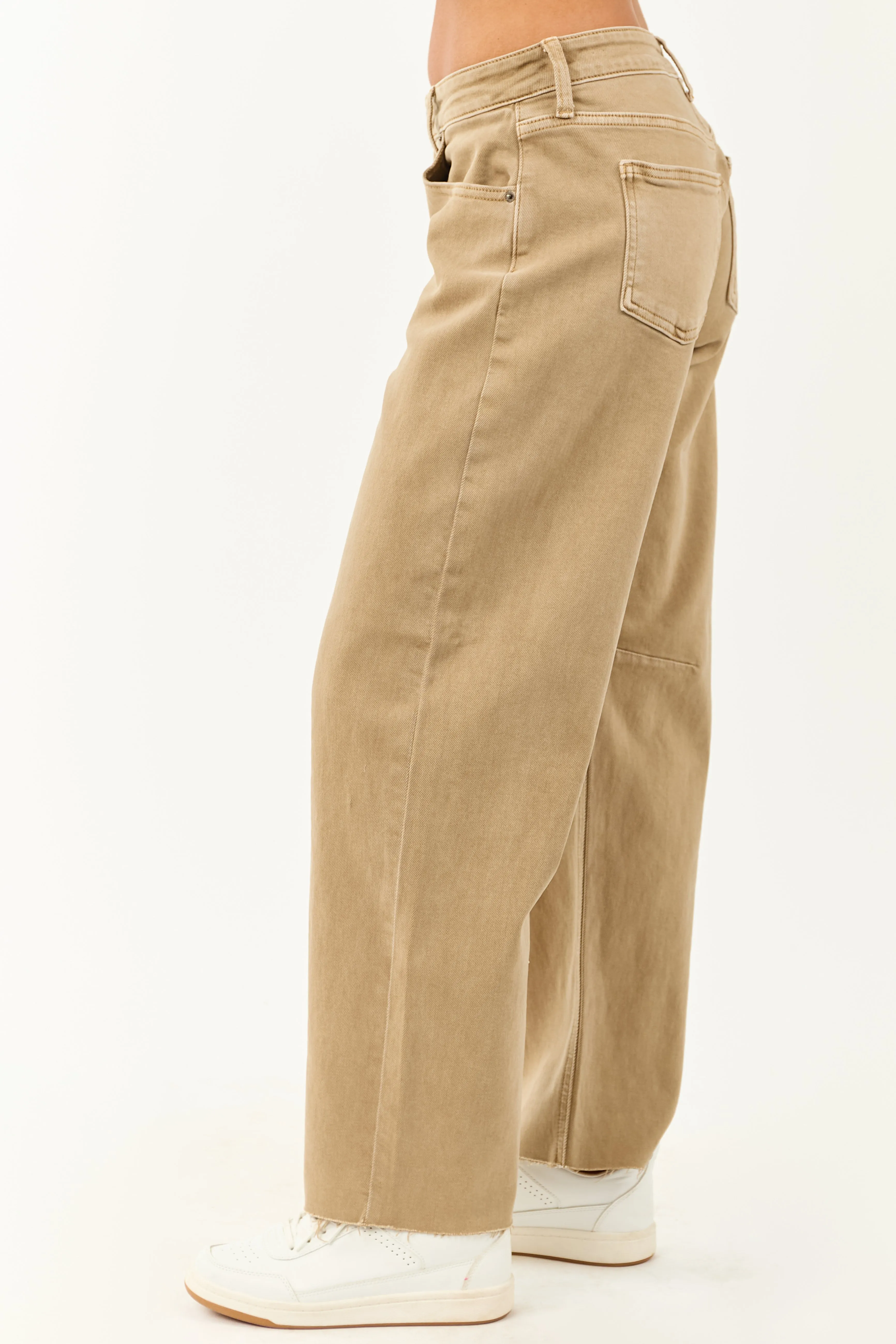 Khaki Mid Rise Raw Hem Barrel Jeans clean look