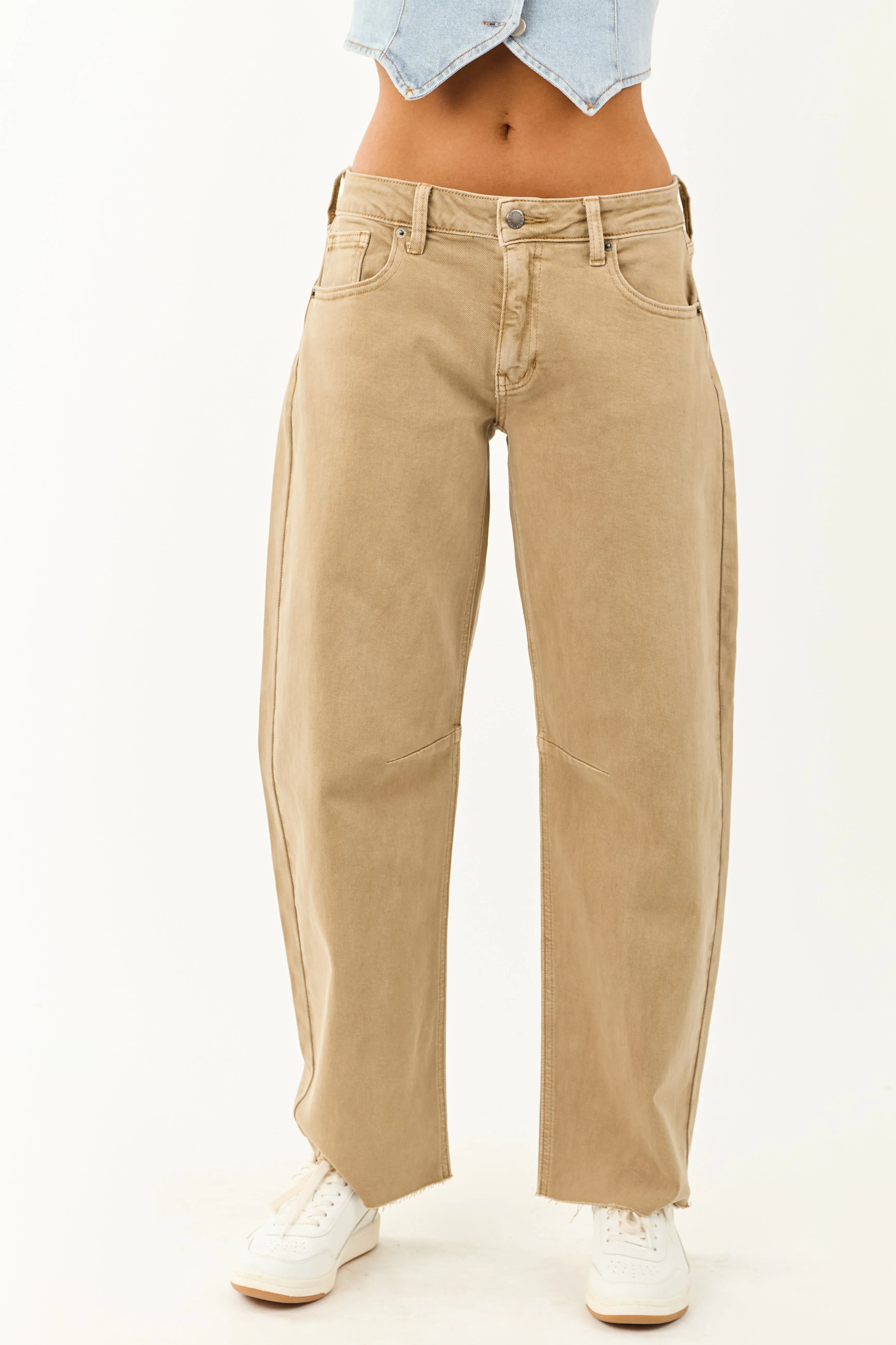 Khaki Mid Rise Raw Hem Barrel Jeans clean look