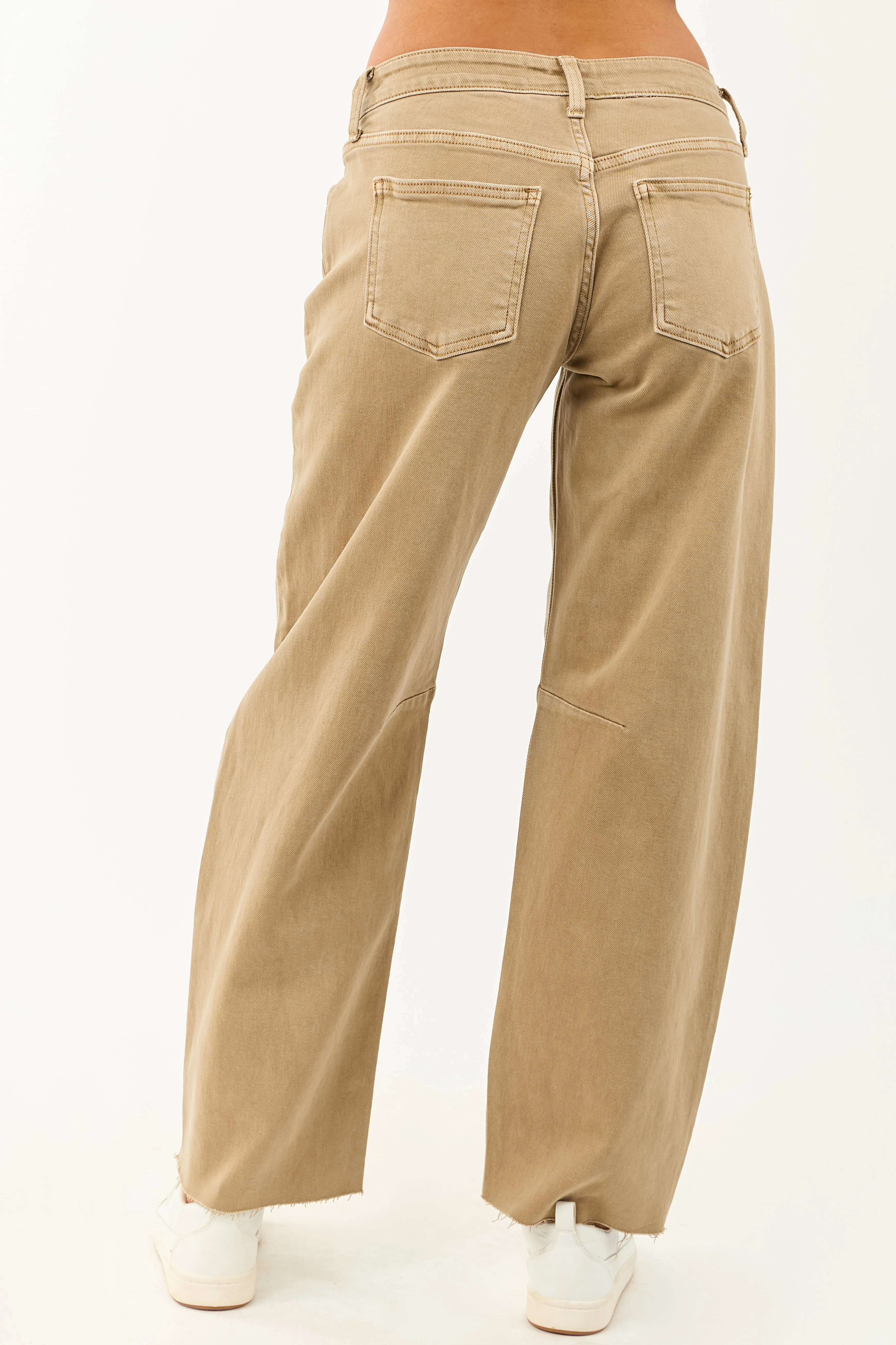 Khaki Mid Rise Raw Hem Barrel Jeans clean look